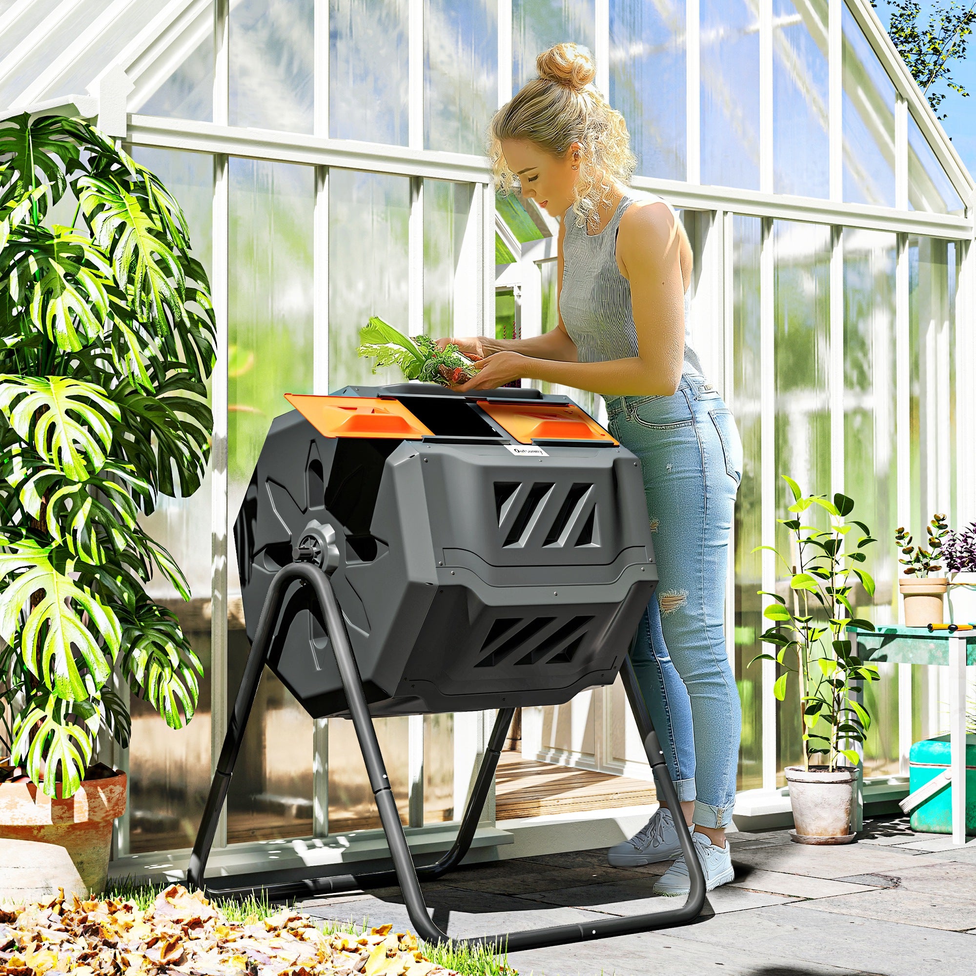Tumbling Compost Bin Outdoor Dual Chamber 360° Rotating Composter 43 Gallon with Sliding Doors, Orange Garden Accessories at Gallery Canada