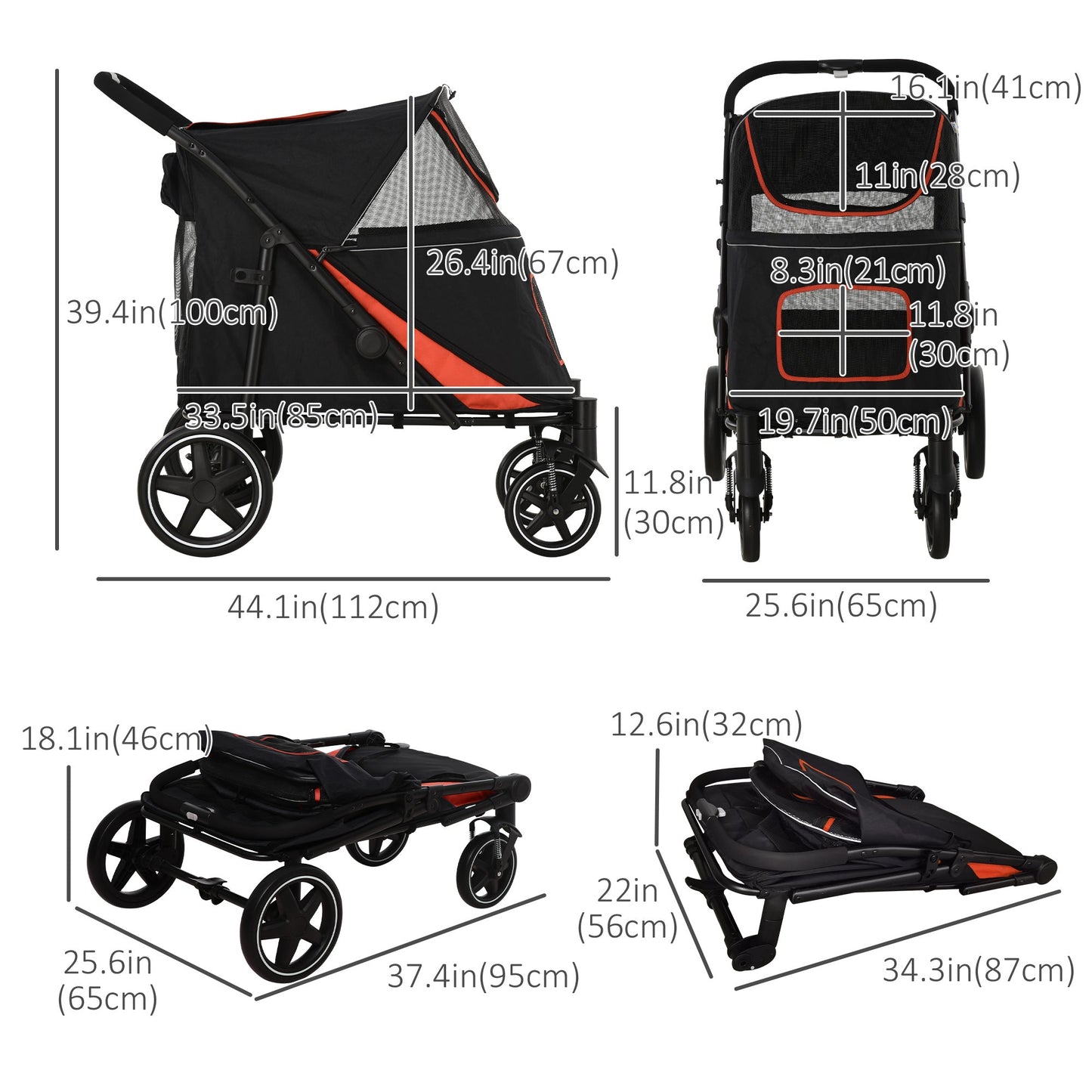 Foldable Pet Stroller with Shock Absorber, Brakes, Storage, Safety Leash, Black Dog Bike Trailers & Strollers   at Gallery Canada