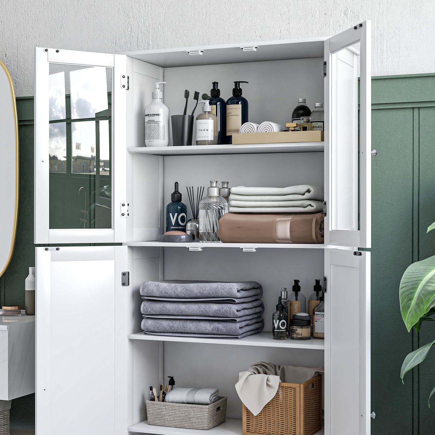 Tall Bathroom Storage Cabinet, Modern Bathroom Cabinet with Glass and Barn Doors, 5-Tier Floor Cabinet, White Bathroom Cabinets   at Gallery Canada