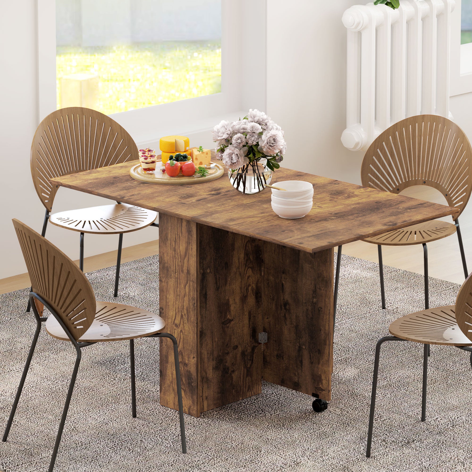 Extendable Dining Table, Collapsible Folding Table w/ 2-tier Shelves and Rolling Casters, Rustic Brown Dining Tables at Gallery Canada