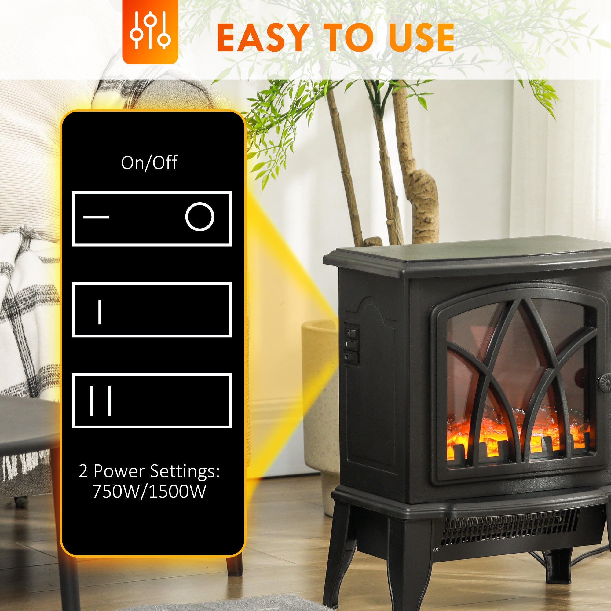 Electric Fireplace Heater, Freestanding Fireplace Stove with Realistic Flame and Overheat Protection, 750W/1500W, Black Electric Fireplaces   at Gallery Canada