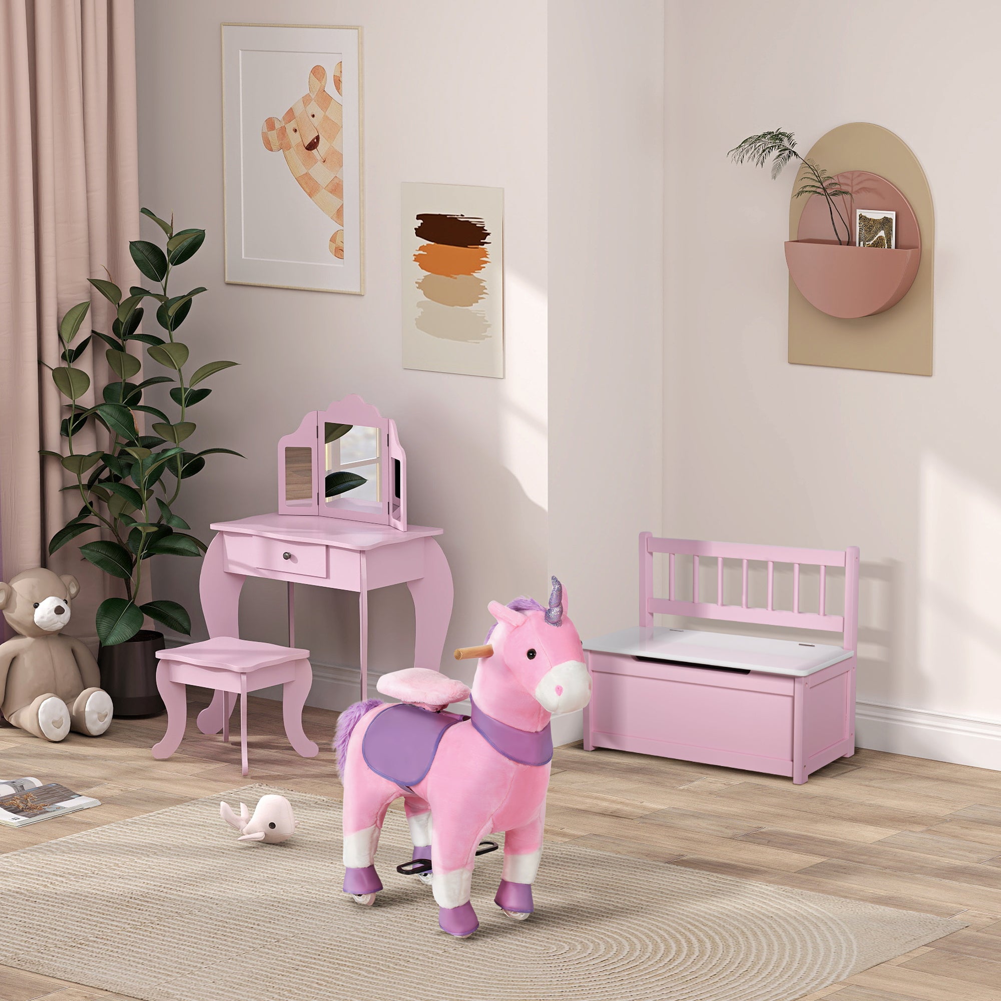 Kids Vanity Table and Stool, Makeup Vanity Girls Dressing Table Set with Tri-folding Mirrors Drawer Star and Heart Pattern, Pink Kids Bedroom Furniture at Gallery Canada