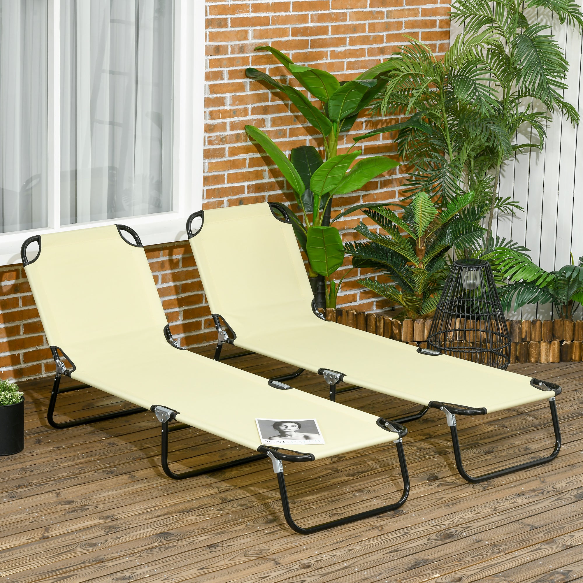 Set of 2 Folding Outdoor Lounge Chair, Sun Tanning Chairs with Reclining Back, Breathable Mesh for Beach Patio, Beige Lounger Chairs Multi Colour  at Gallery Canada