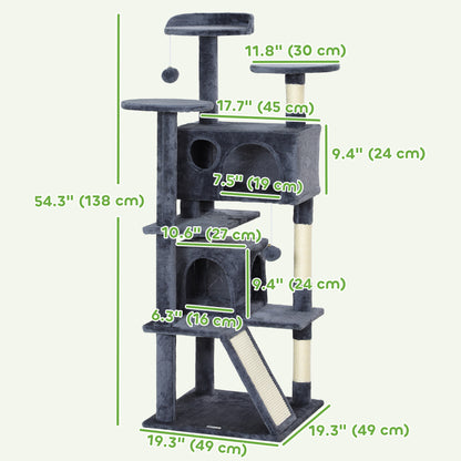 54" Cat Tree, Multi-Level Cat Tower with Scratching Posts, Cat Condos, Bed, Platforms, Ramp, Toy Ball, Dark Grey Cat Towers   at Gallery Canada