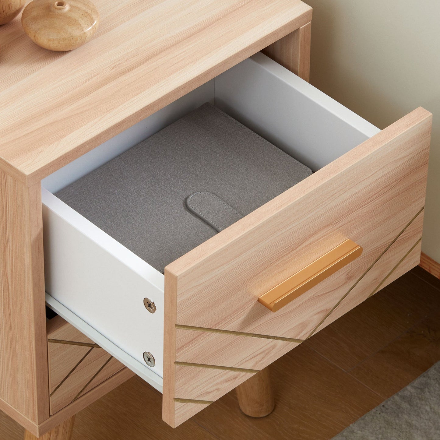 Scandinavian Bedside Table, Side End Table with 2 Drawers and Wood Legs, 13.8" x 12.6" x 20.3", Natural Bedside Tables   at Gallery Canada