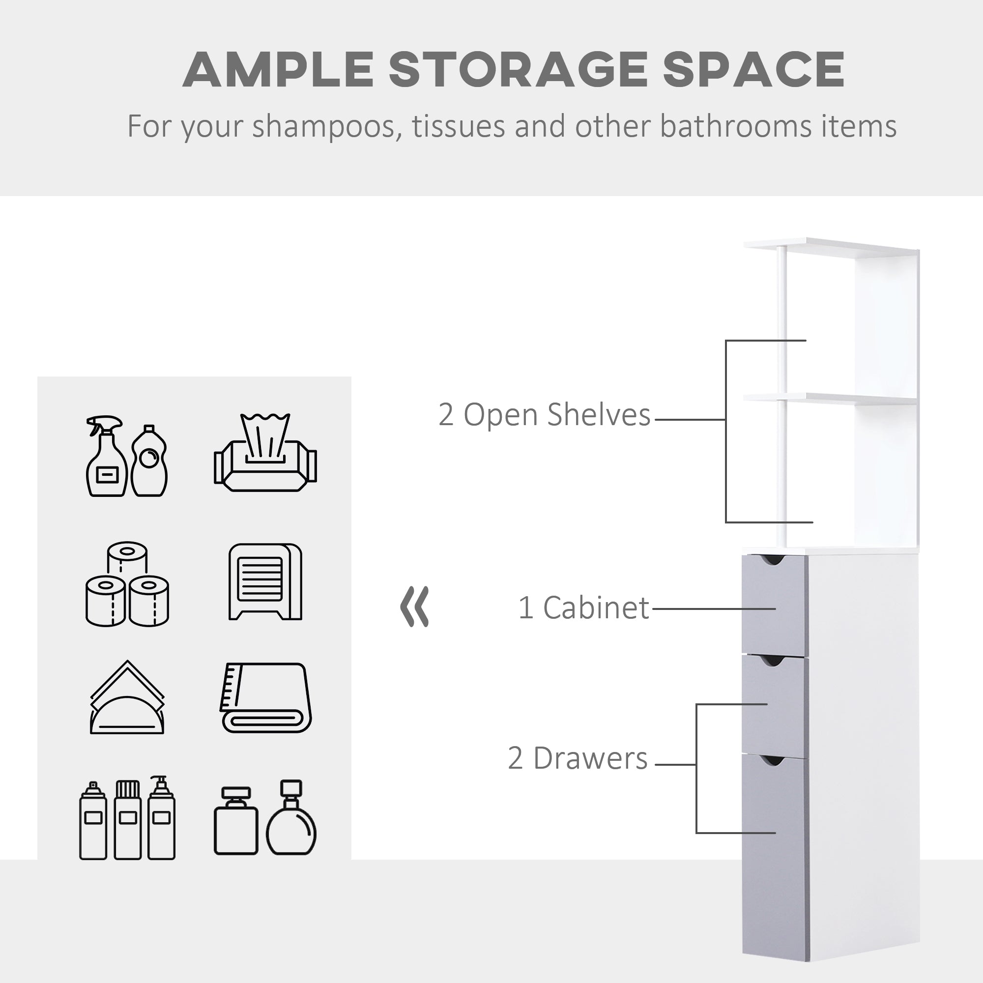 Tall Bathroom Storage Cabinet Scrolled Cupboard Drawer with Open Shelves Space Saving Design Bathroom Cabinets   at Gallery Canada