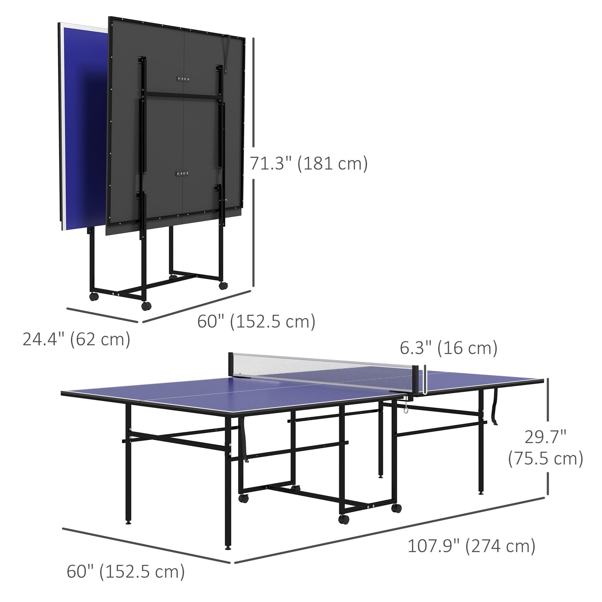 Full Size Table Tennis Table, Folding Ping Pong Table with Net, Paddles, Balls and Wheels, Blue Game Tables Blue  at Gallery Canada