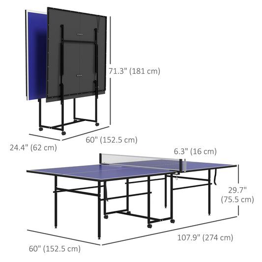 Full Size Table Tennis Table, Folding Ping Pong Table with Net, Paddles, Balls and Wheels, Blue Game Tables   at Gallery Canada