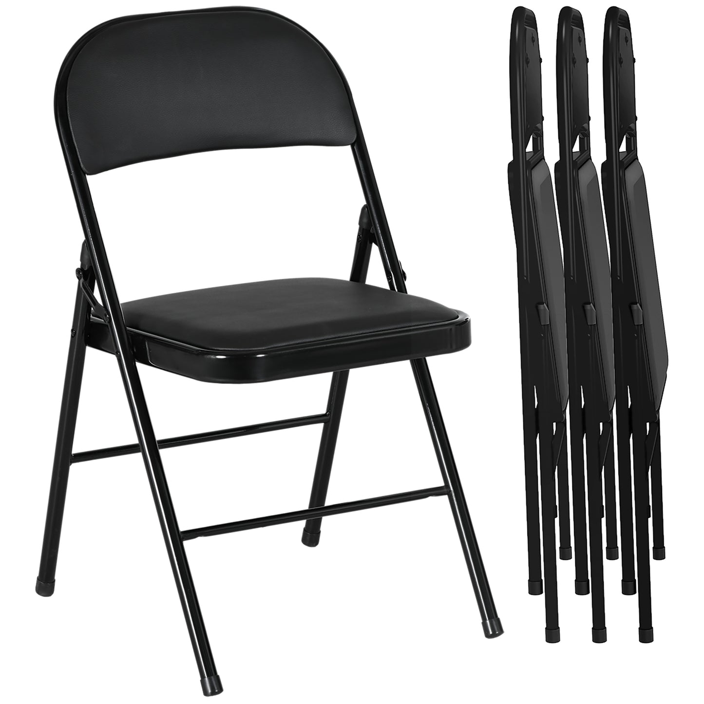 Set of 4 Metal Foldable Chairs, PU Leather Padded Folding Chairs with Cushion Seat and Open Back for Indoor, Black Bar Stools   at Gallery Canada