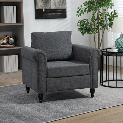 Vintage Armchair, Upholstered Accent Chair with Rolled Arms, Gourd-Shaped Rubber Wood Legs, Dark Grey Accent Chairs   at Gallery Canada