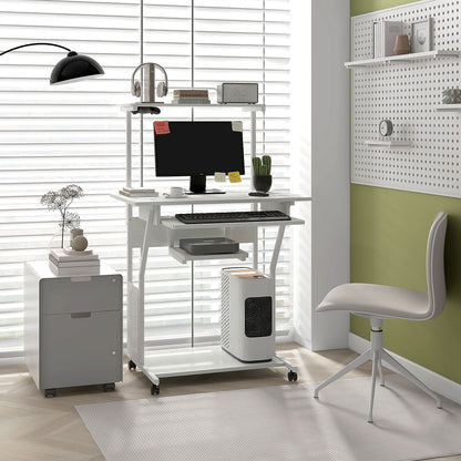 32" Mobile Computer Table, Rolling Study Desk for Home Office with Keyboard Tray, Storage Shelves, Wheels, White Computer Desks   at Gallery Canada