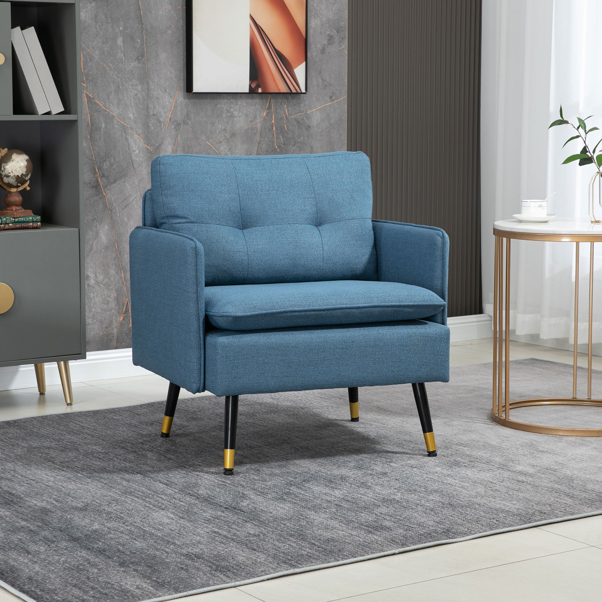 Accent Chair with Cushioned Seat and Back, Upholstered Fabric Armchair for Bedroom, Button Tufted Living Room Chair with Arms and Steel Legs, Blue Accent Chairs   at Gallery Canada