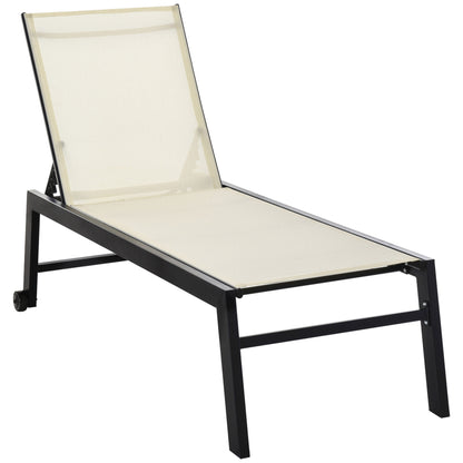 Outdoor Lounge Chair, Patio Lounger with 5-Position Reclining Backrest and 2 Wheels for Poolside, Beach, Lawn, Cream White Lounger Chairs   at Gallery Canada