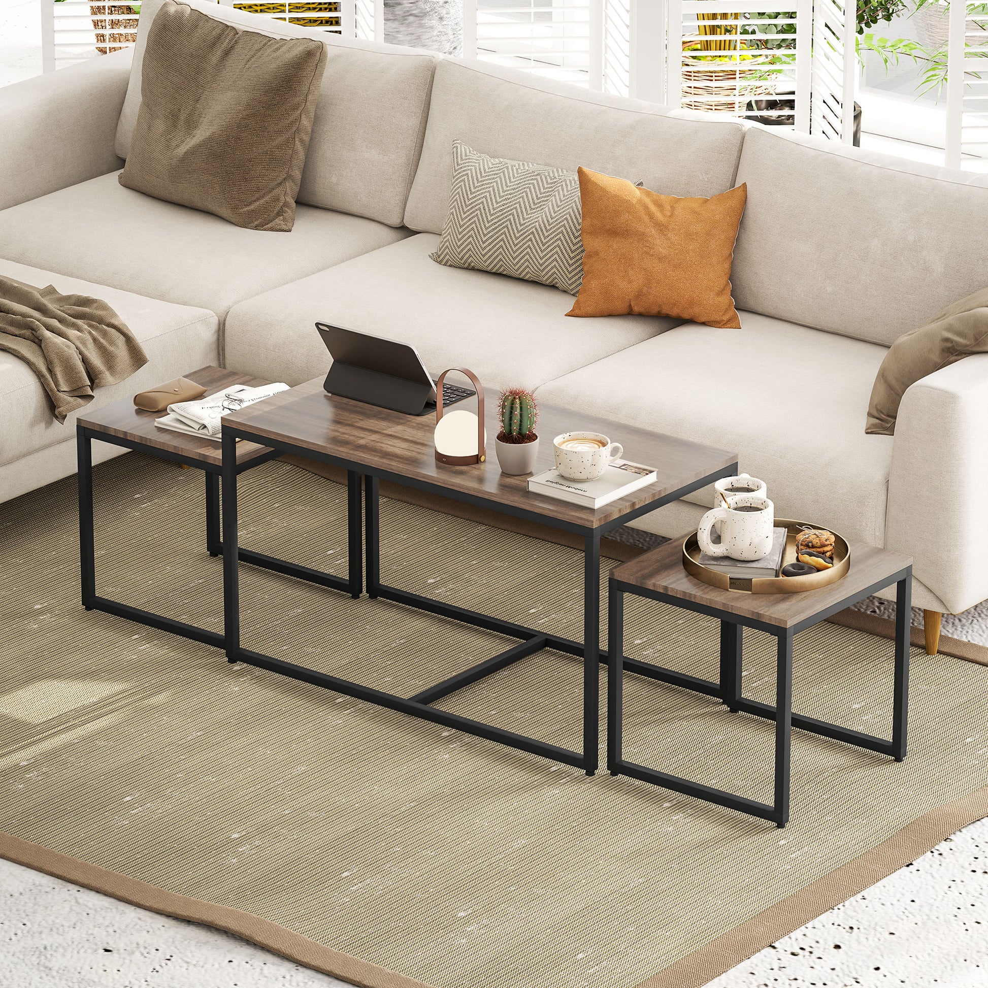 Nesting Coffee Table Set of 3, Modern End Tables with Black Metal Frame for Living Room Home Furniture, Brown Coffee Tables   at Gallery Canada