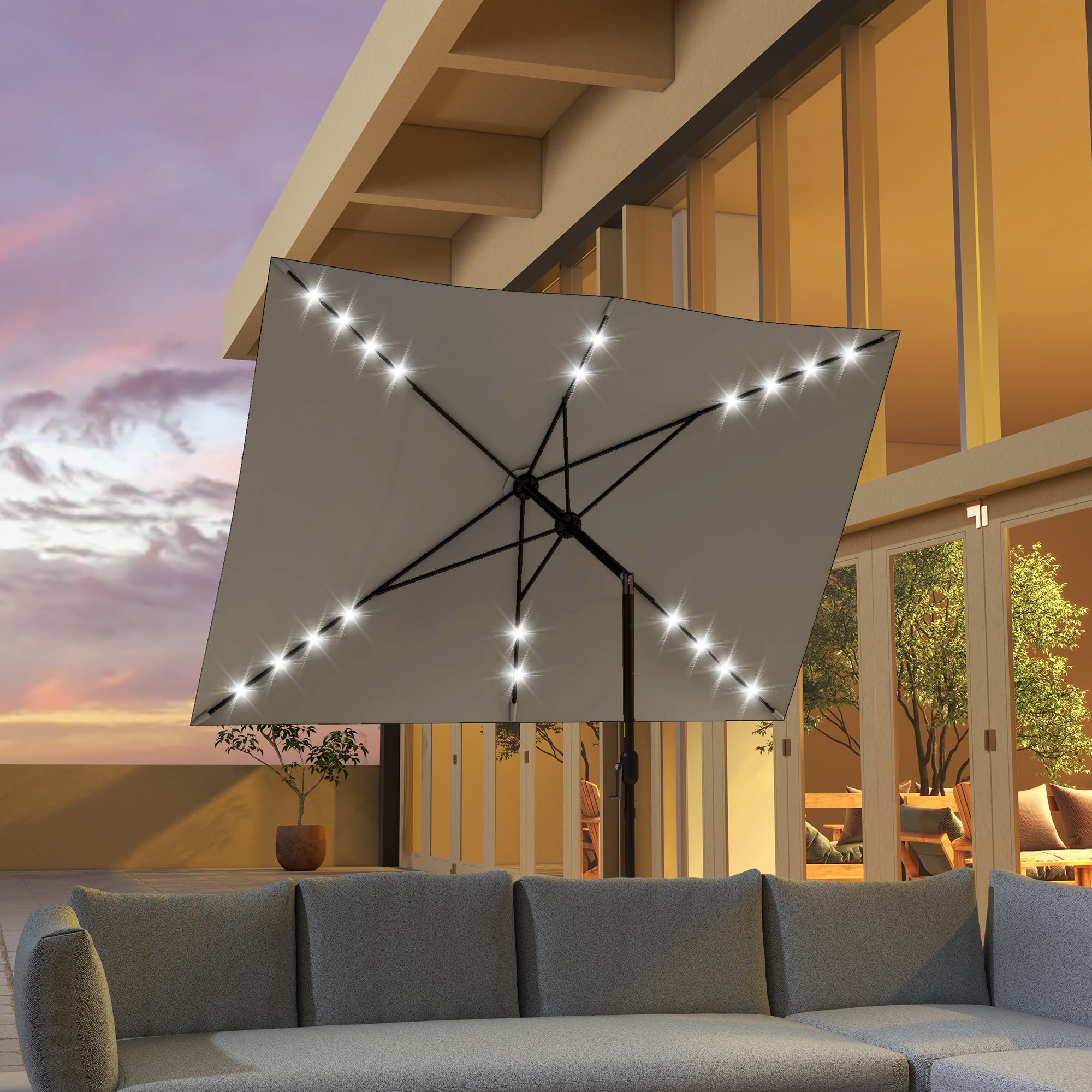 6.5x10ft Patio Umbrella Tilt Aluminum Outdoor Market Parasol with Solar Powered LEDs, Crank - Light Grey Sun Umbrellas at Gallery Canada