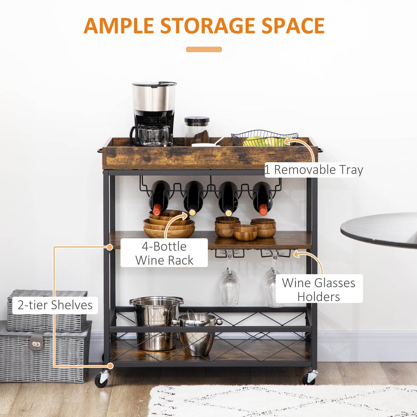 3-Tier Kitchen Cart on Wheels with Removable Tray, Wine Racks, Glass Holders Rustic Brown Kitchen Islands & Kitchen Carts   at Gallery Canada