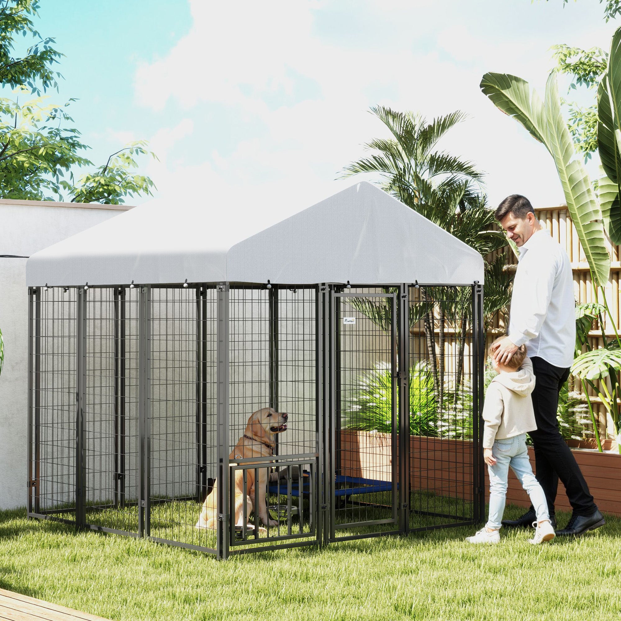 Outdoor Dog Kennel with Waterproof UV-Resistant Cover, Rotating &; 4-Level Adjustable Feeding Bowls, 5.9 x 5.9 x 6 ft Houses, Kennels & Pens at Gallery Canada
