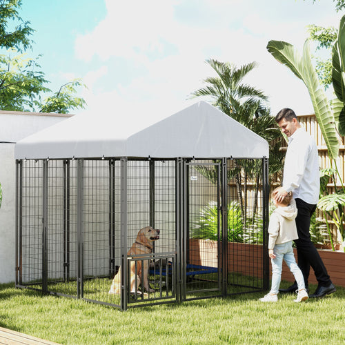 Outdoor Dog Kennel with Waterproof UV-Resistant Cover, Rotating &; 4-Level Adjustable Feeding Bowls, 5.9 x 5.9 x 6 ft