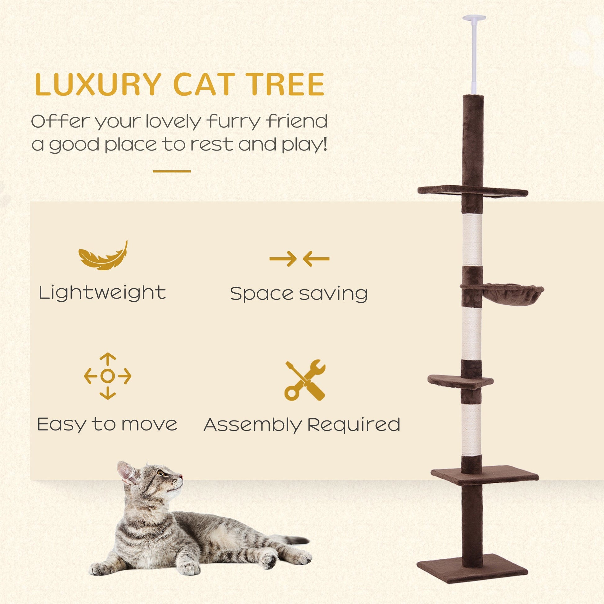 8.5ft Cat Climbing Tree 5-Tier Kitty Activity Center with Scratching Post Brown and White Floor to Ceiling Cat Trees   at Gallery Canada