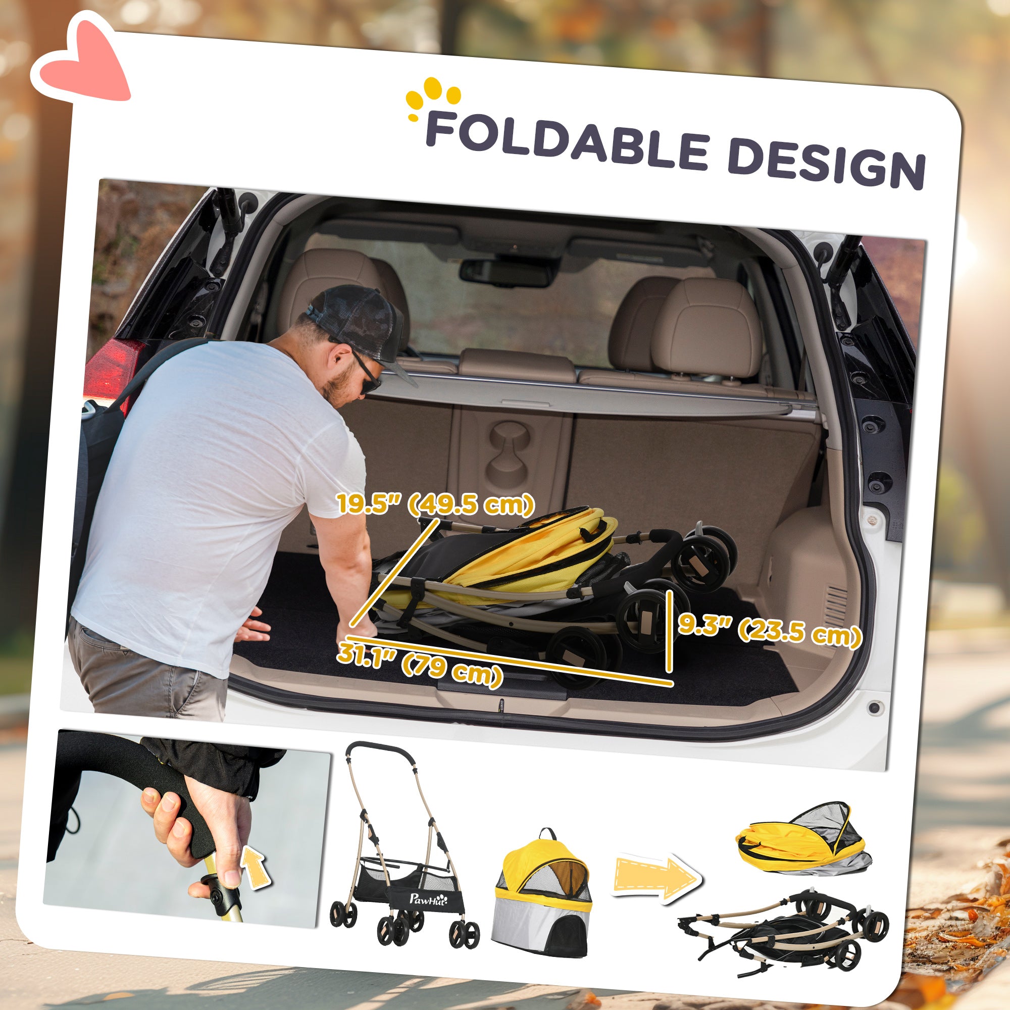 4 Wheels Pet Stroller, 3 in 1 Dog Cat Travel Folding Carrier, for Small Dogs, Detachable, w/ Brake, Canopy, Basket, Storage Bag - Yellow Dog Bike Trailers & Strollers at Gallery Canada