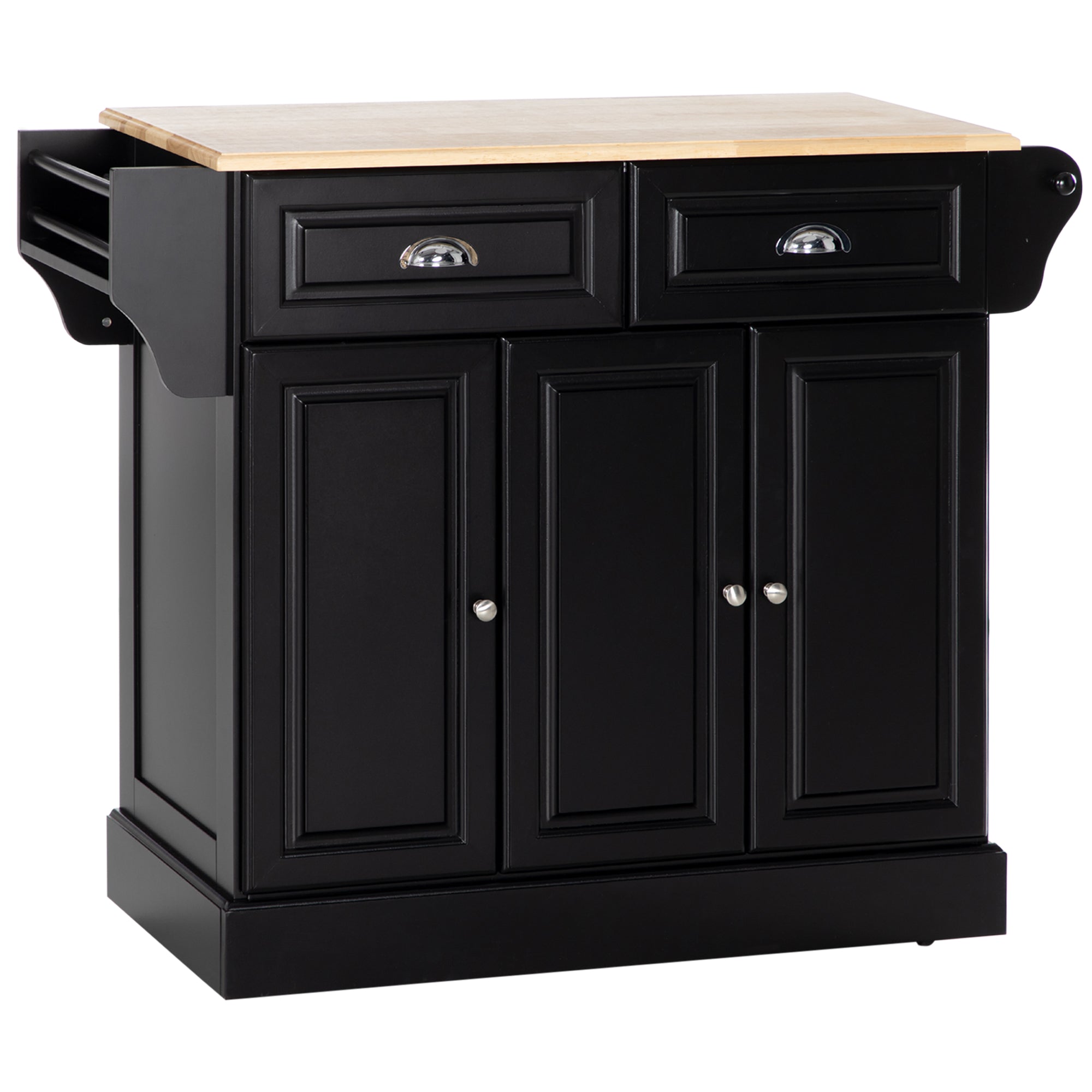 Kitchen Island with Storage Rolling Kitchen Serving Cart with Rubber Wood Top Towel Rack Storage Drawer Cabinet Black Kitchen Islands & Kitchen Carts   at Gallery Canada