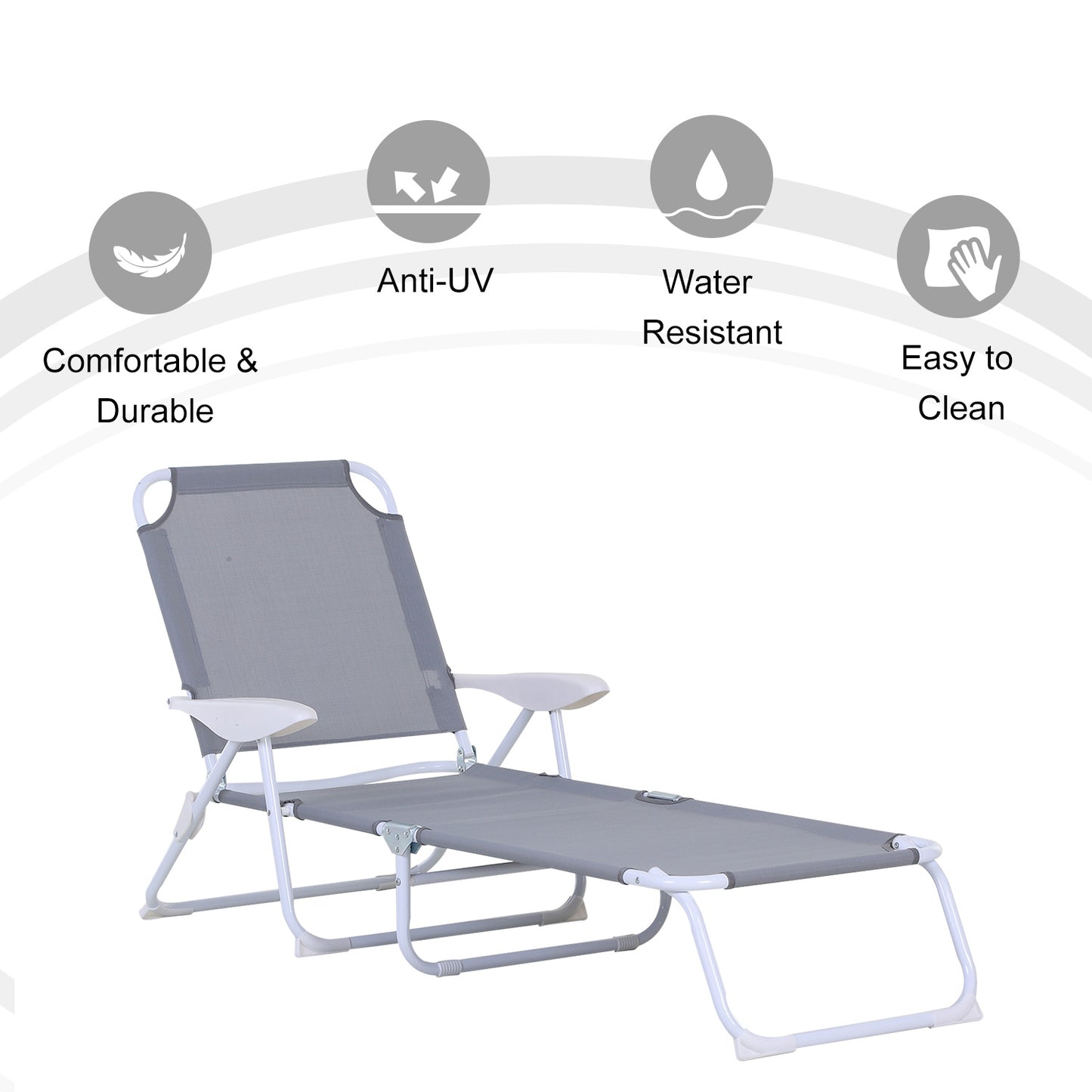 Outdoor Lounge Chair, Patio Garden Folding Chaise Lounge Sun Beach Reclining Tanning Chair with 4-Level Adjustable Backrest, Grey Lounger Chairs   at Gallery Canada