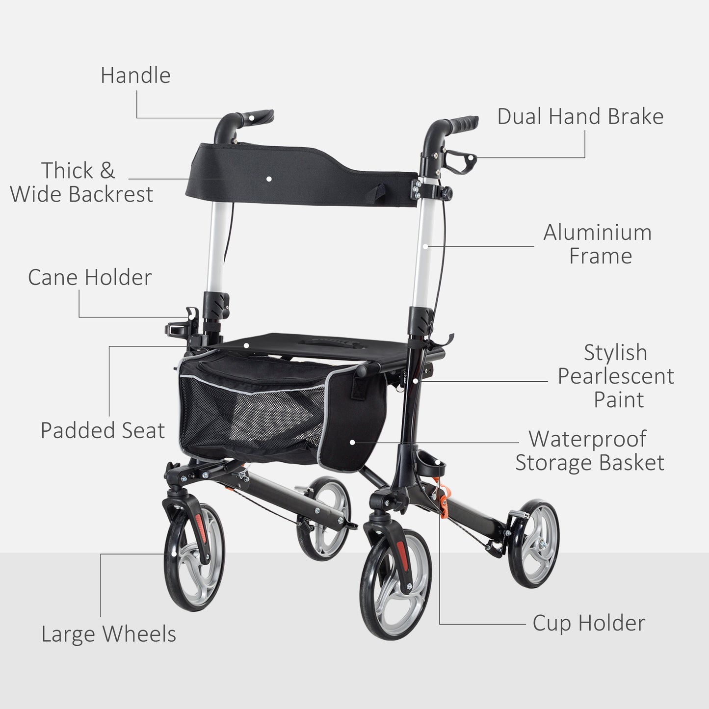 Lightweight Folding Rolling Walker with Large Seat, Back, Adjustable Handle, Bag, Dual Brake, Cane Holder, Black Knee Walker & Wheelchair Ramps at Gallery Canada