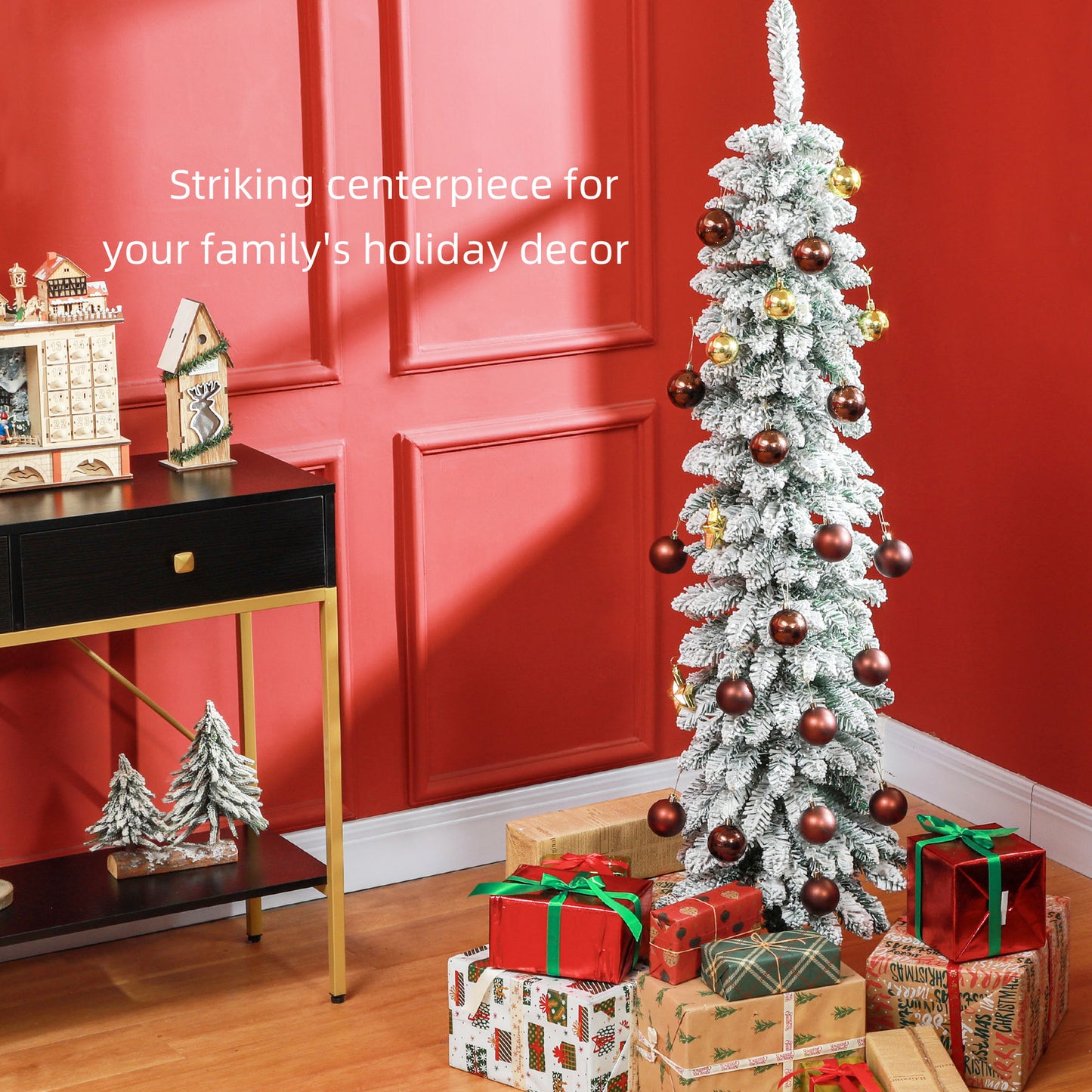 5ft Snow-Flocked Artificial Christmas Tree, Slim Pencil Xmas Tree with 301 Realistic Branches, Metal Base, Green Pencil Christmas Trees at Gallery Canada