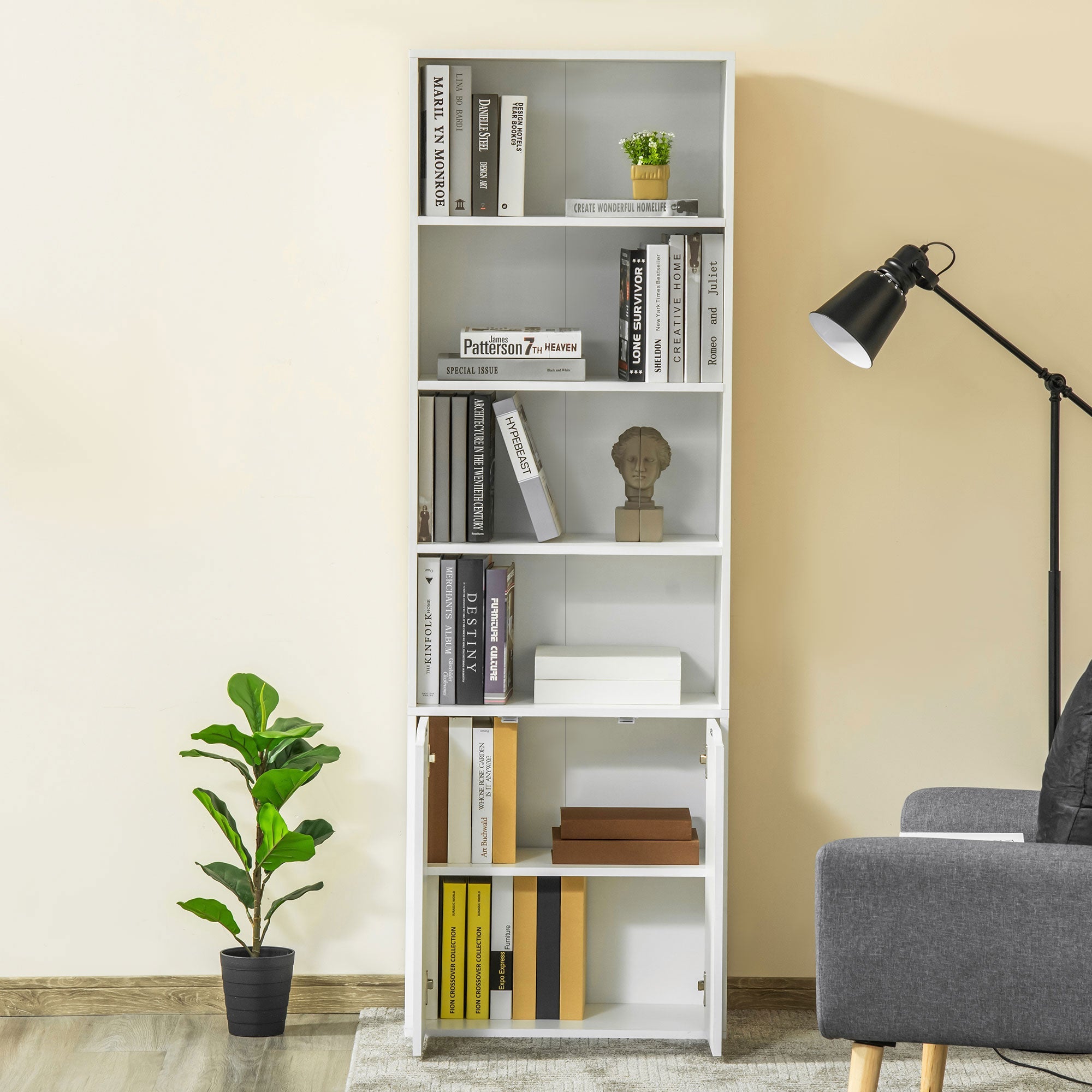 4-Tier Open Bookshelf with Doors Modern Home Office Bookcase Storage Cabinet for Living Room Bathroom Study, White White Bookshelves   at Gallery Canada