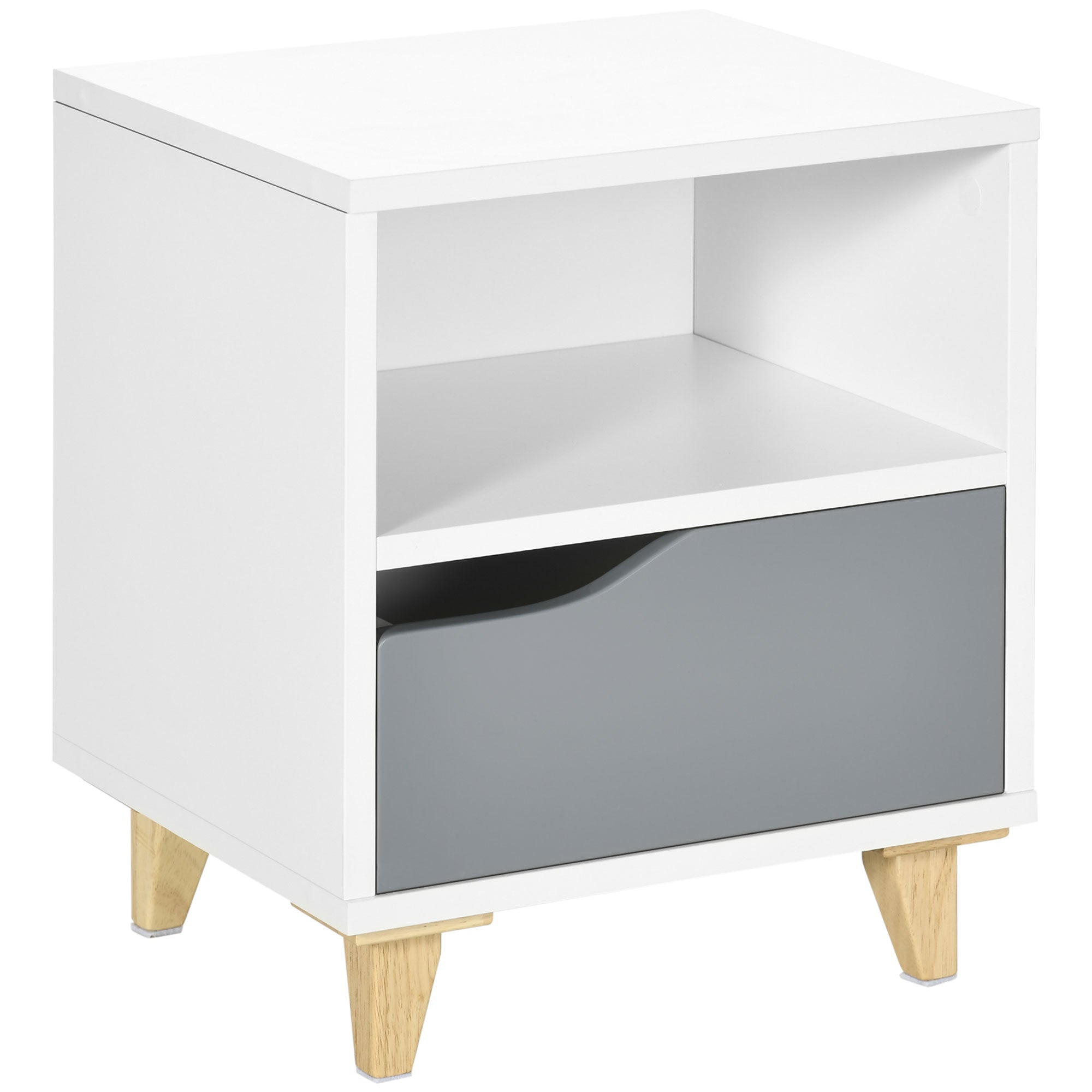 Modern Bedside Table, Side End Table with Shelf, Drawer and Wood Legs, 14.5