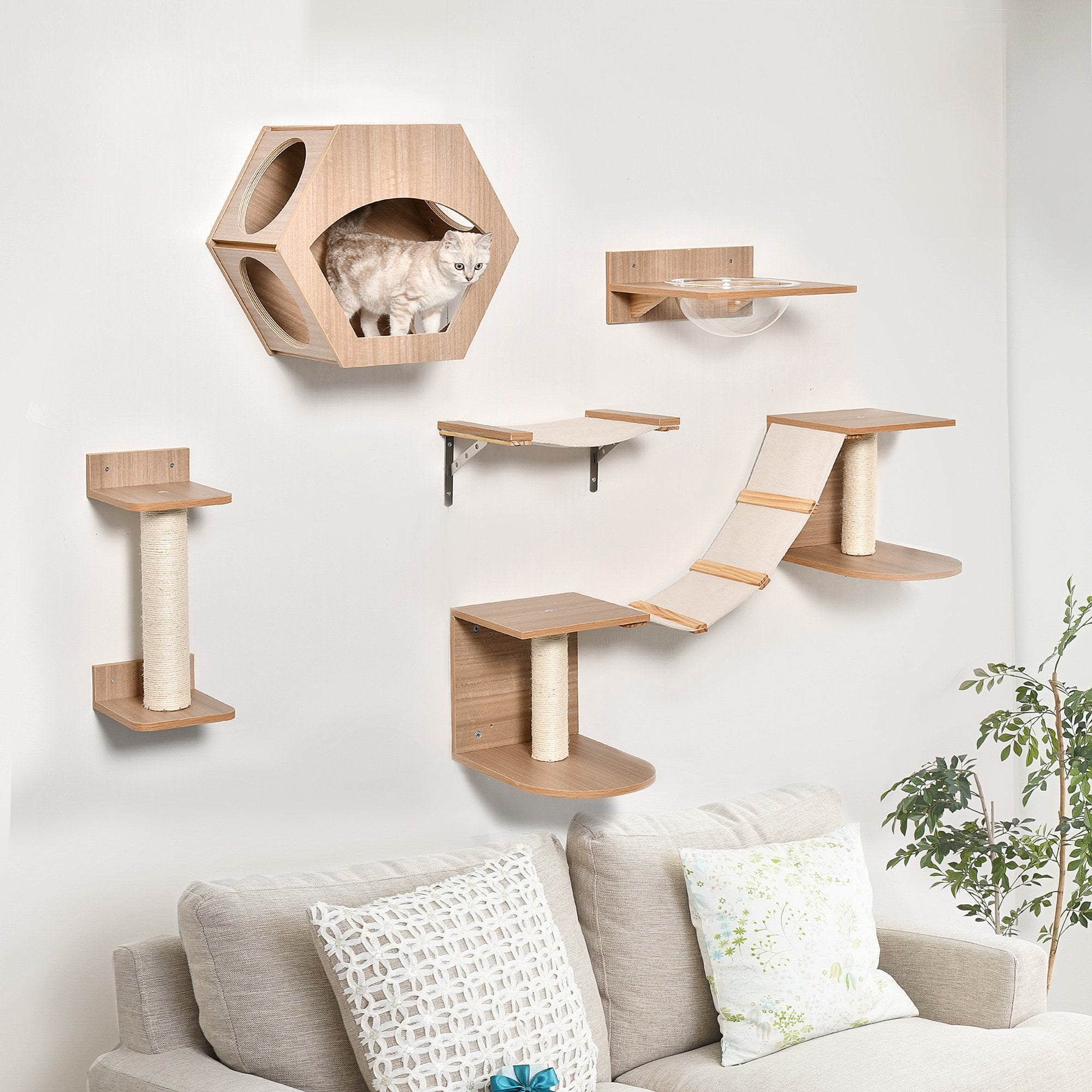 Wall-Mounted Cat Tree Set with Hammock, Scratching Post, Condo - Light Brown Cat Climbing Wall   at Gallery Canada