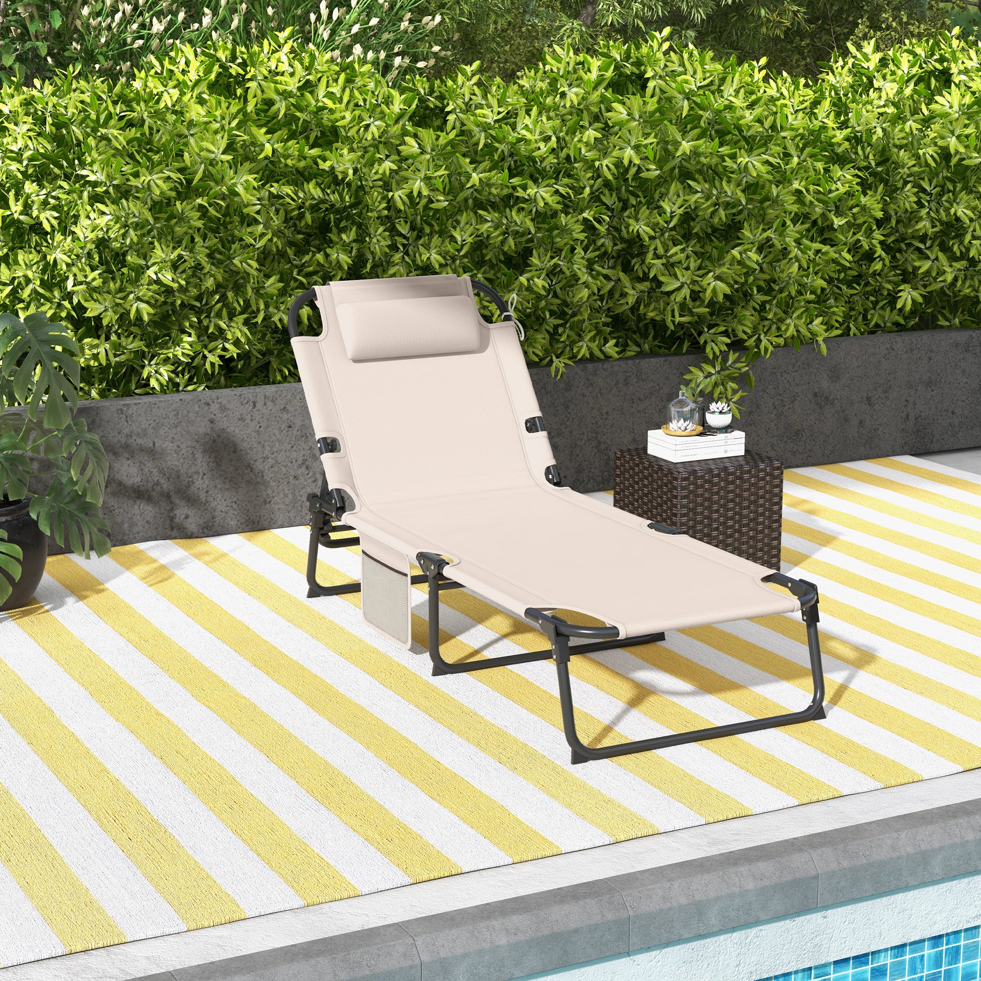 Folding Outdoor Lounge - Tanning Chair with 4-level Reclining Back, with Cushion, Breathable Mesh, Headrest, Beige Lounger Chairs   at Gallery Canada