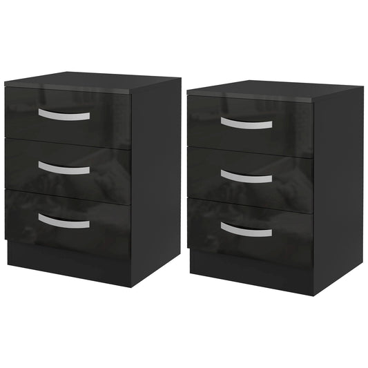 Bedside Table Set of 2, Modern Nightstand with Drawers and High Gloss Fronts, Night Table for Bedroom, Black - Gallery Canada