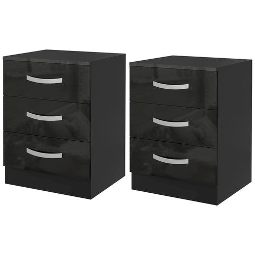 Bedside Table Set of 2, Modern Nightstand with Drawers and High Gloss Fronts, Night Table for Bedroom, Black