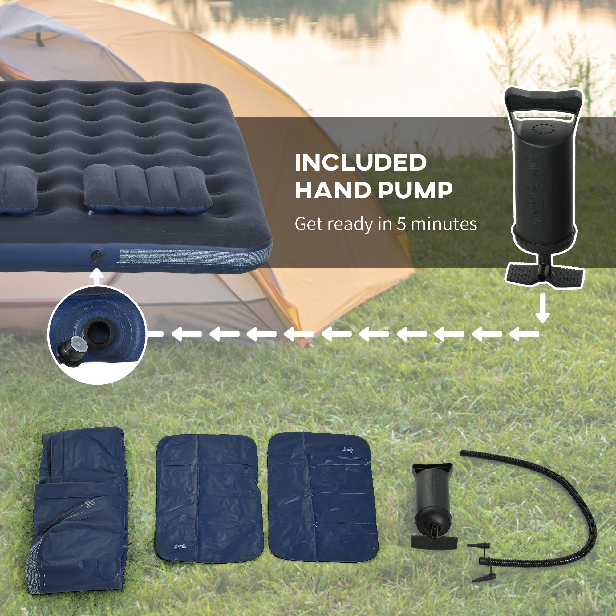 Twin Air Mattress, Inflatable Double Air Bed with 2 Pillows, Hand Pump, Flocked Surface for Guest, Camping, Travel, Blue Camping Cots at Gallery Canada