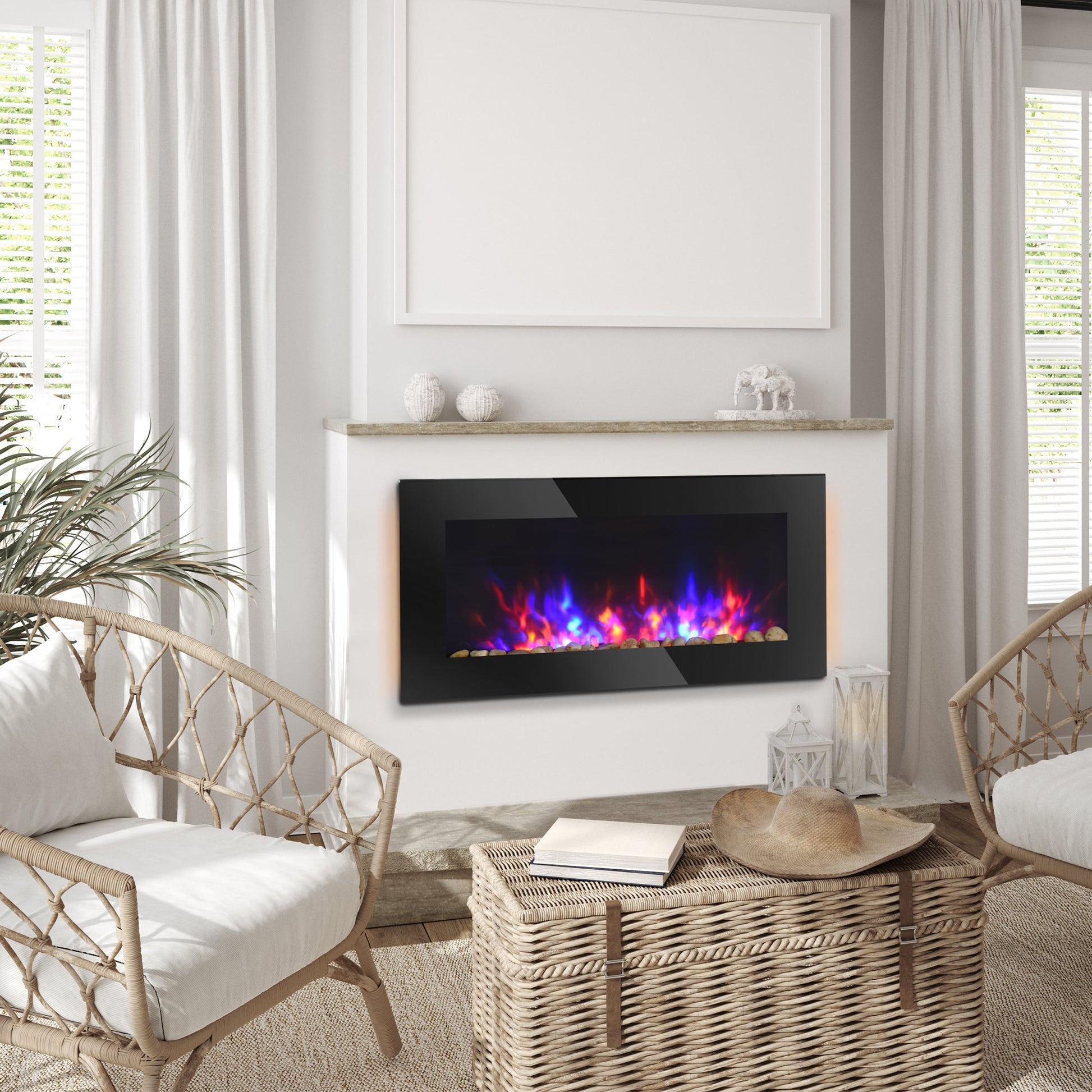 36" Wall-Mounted Electric Fireplace, 750/1500W Fireplace Heater with Flame Effect, 7 Color Background Light and Side Light, Black Electric Fireplaces   at Gallery Canada