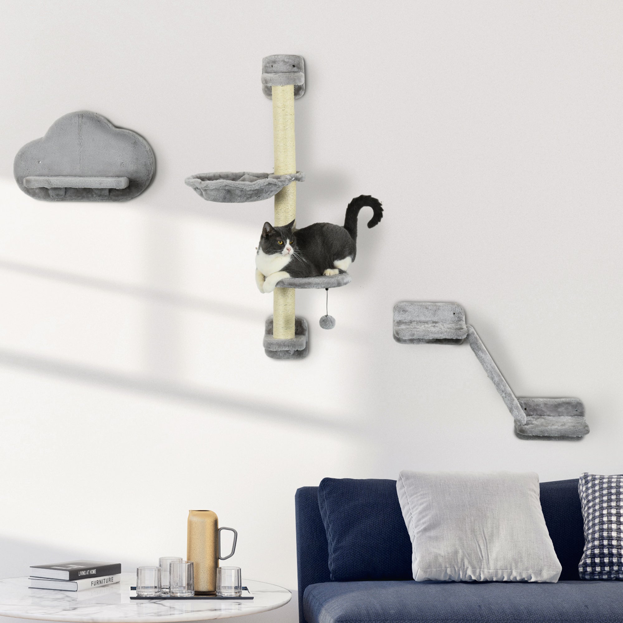 3PCs Cat Shelves with Hammock, Scratching Posts, Platforms, Grey Cat Climbing Wall Grey and Cream  at Gallery Canada