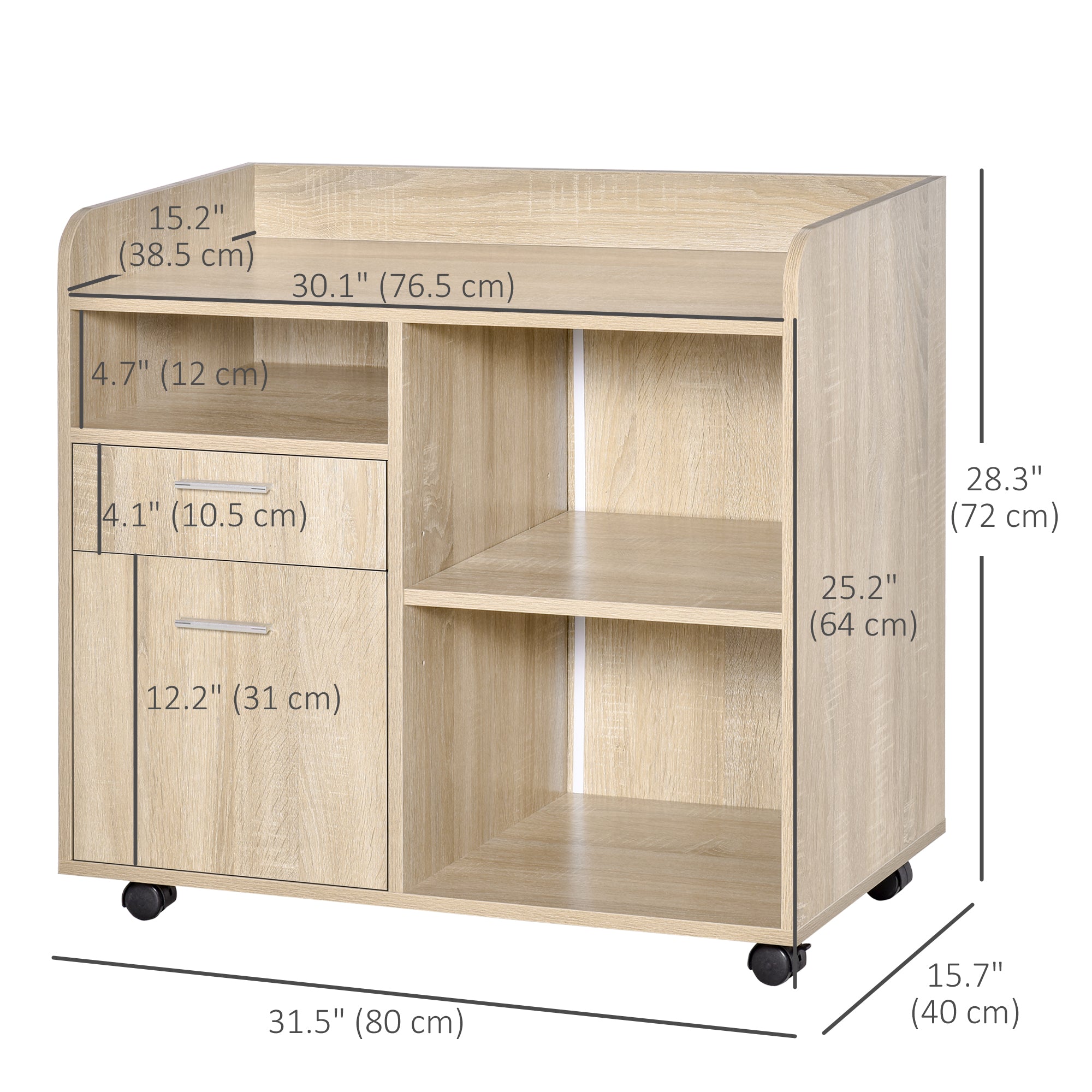 Lateral Filing Cabinet, Printer Stand with Wheels, Mobile File Cabinet with Drawer for Letter or A4 File, Home Office, Oak Office Cabinets & Cupboards at Gallery Canada