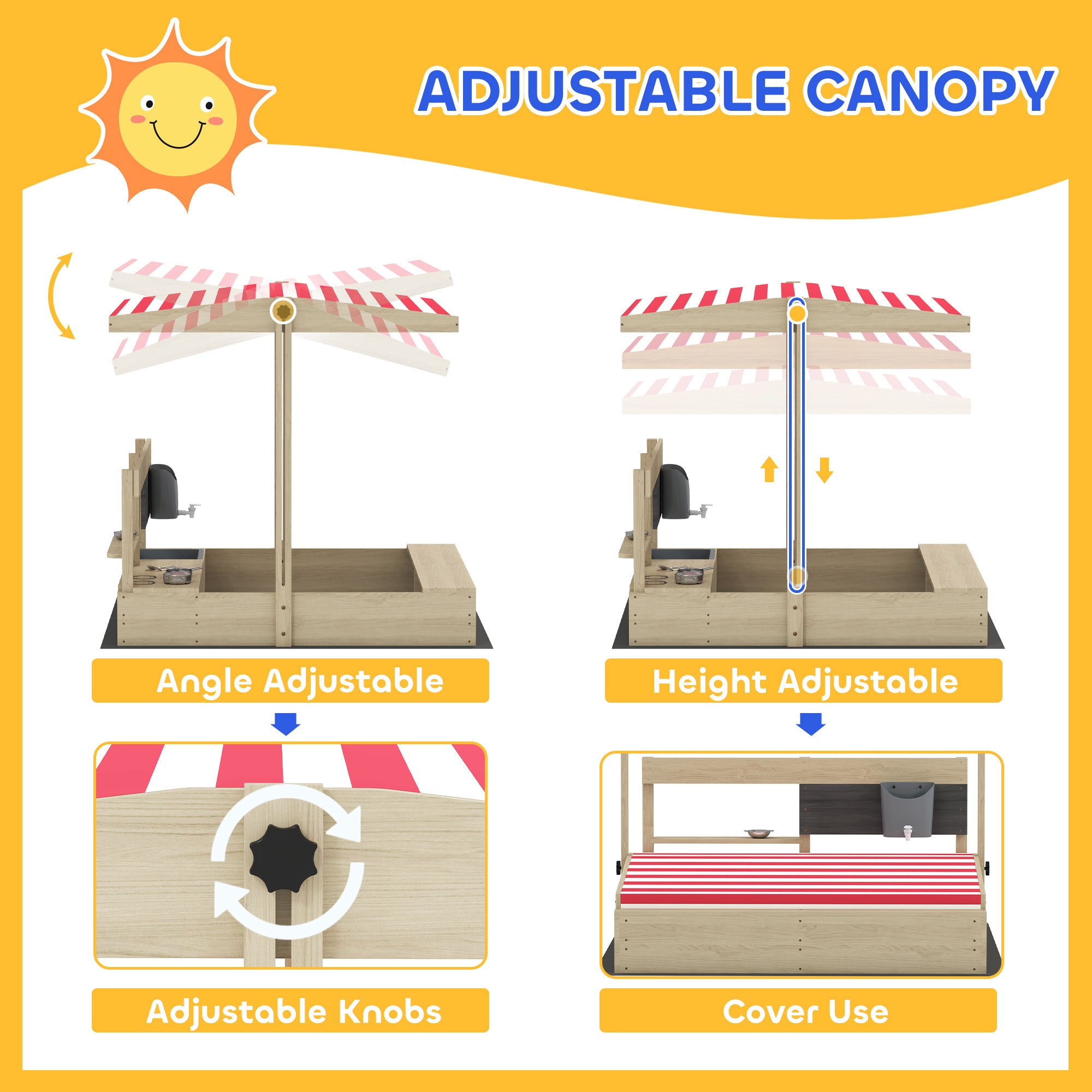 Kids Sandbox with Cover Kitchen Playset Toys, Wooden Sand Box with Seat, Storage, for 3-7 Years Old, Natural Wood Sandboxes & Accessories at Gallery Canada