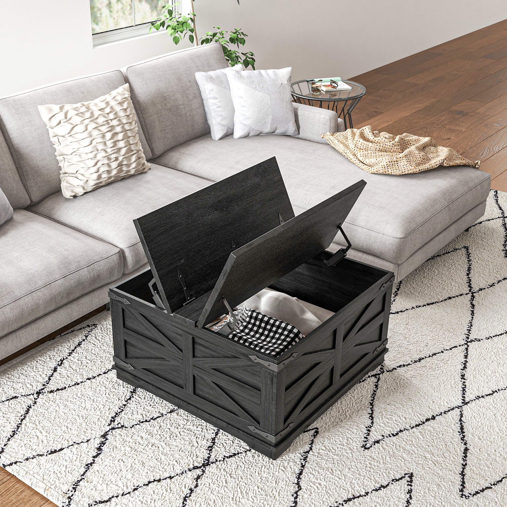 Farmhouse Coffee Table, Square Center Table with Flip-top Lids, Hidden Storage Compartment, Black Coffee Tables   at Gallery Canada