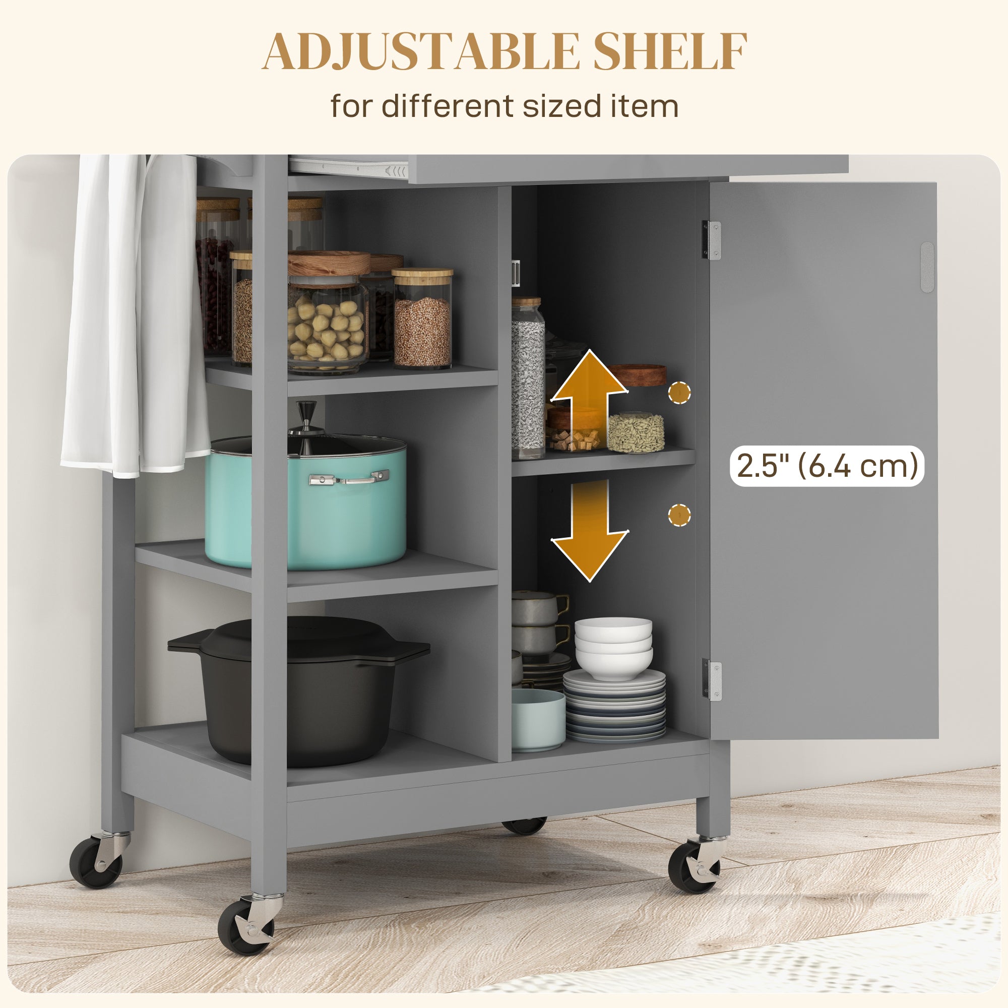 Modern Rolling Kitchen Island Cart with Drawer, Natural Wood Top, Towel Rack, Door Storage Cabinet, Grey Kitchen Islands & Kitchen Carts   at Gallery Canada