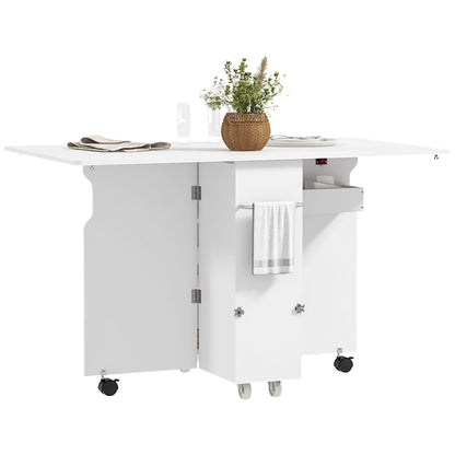 Folding Dining Table with Storage, Drop Leaf Kitchen Table on Wheels with Box, Shelves and Towel Racks, White Bar Tables & Dining Tables   at Gallery Canada