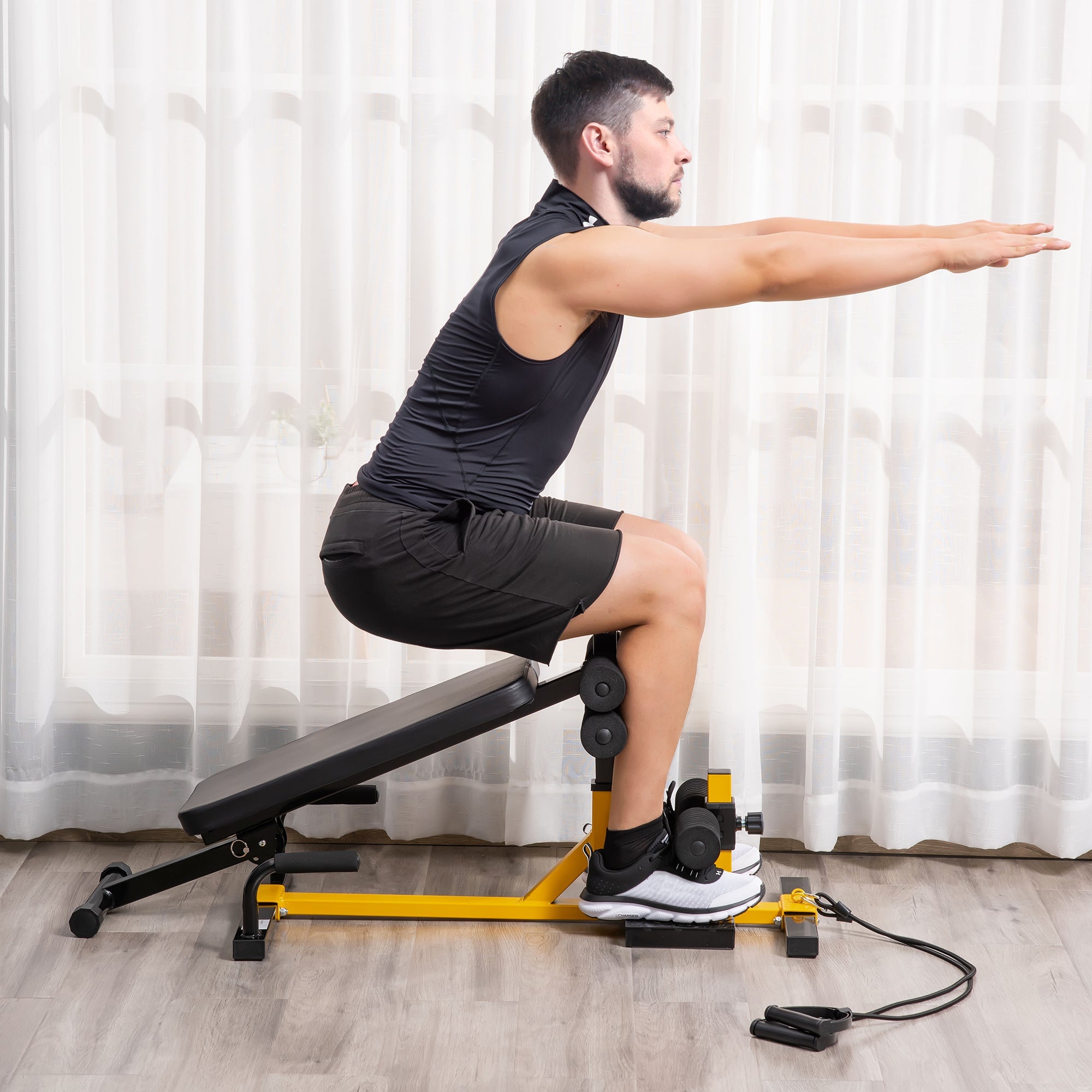 Adjustable 3-in-1 Squat Machine with Resistance Bands & Padded Bench, Yellow Squat Machine   at Gallery Canada