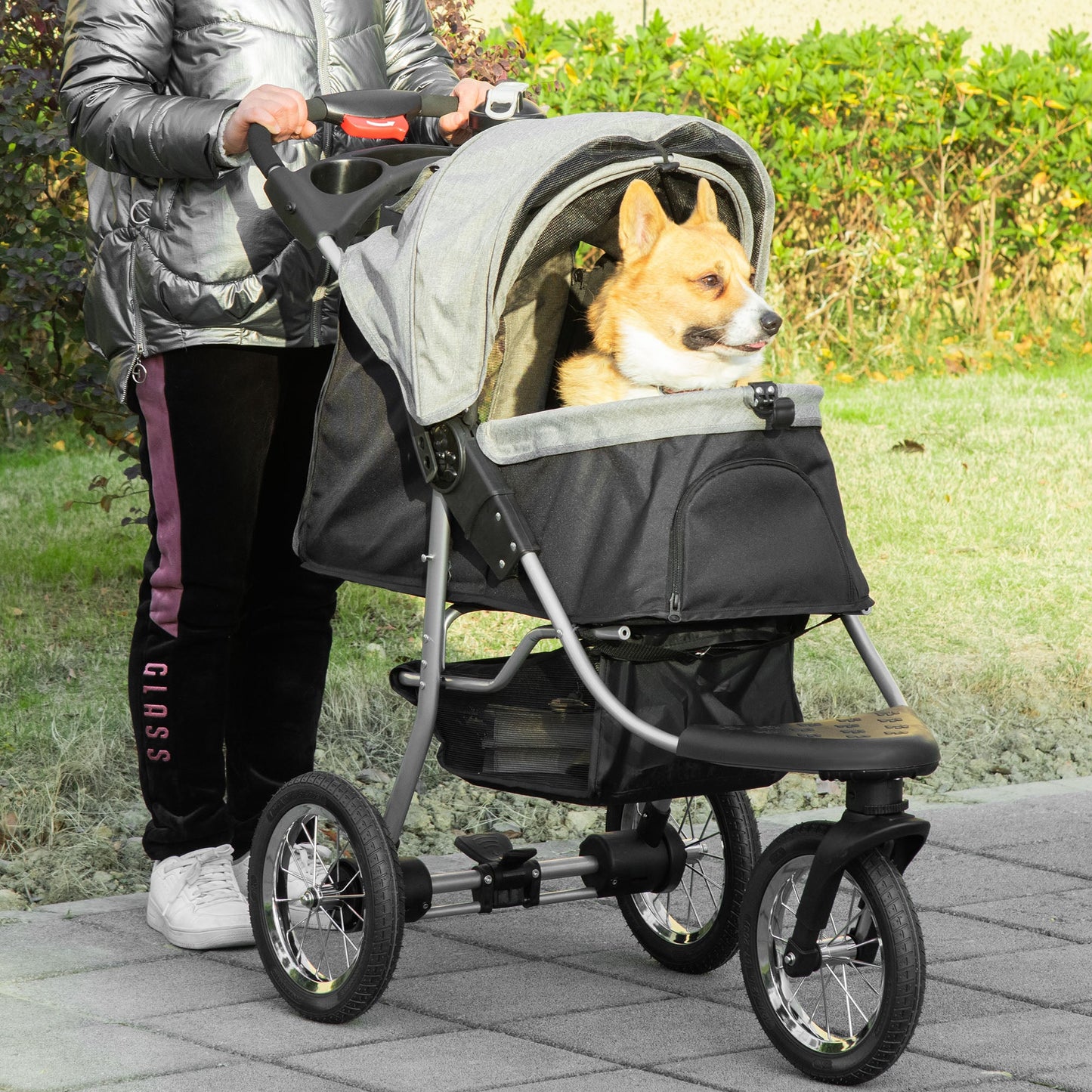 Pet Stroller with 3 Wheels, One-click Folding Design, Adjustable Canopy, Zippered Mesh Window Door, Grey Dog Bike Trailers & Strollers   at Gallery Canada