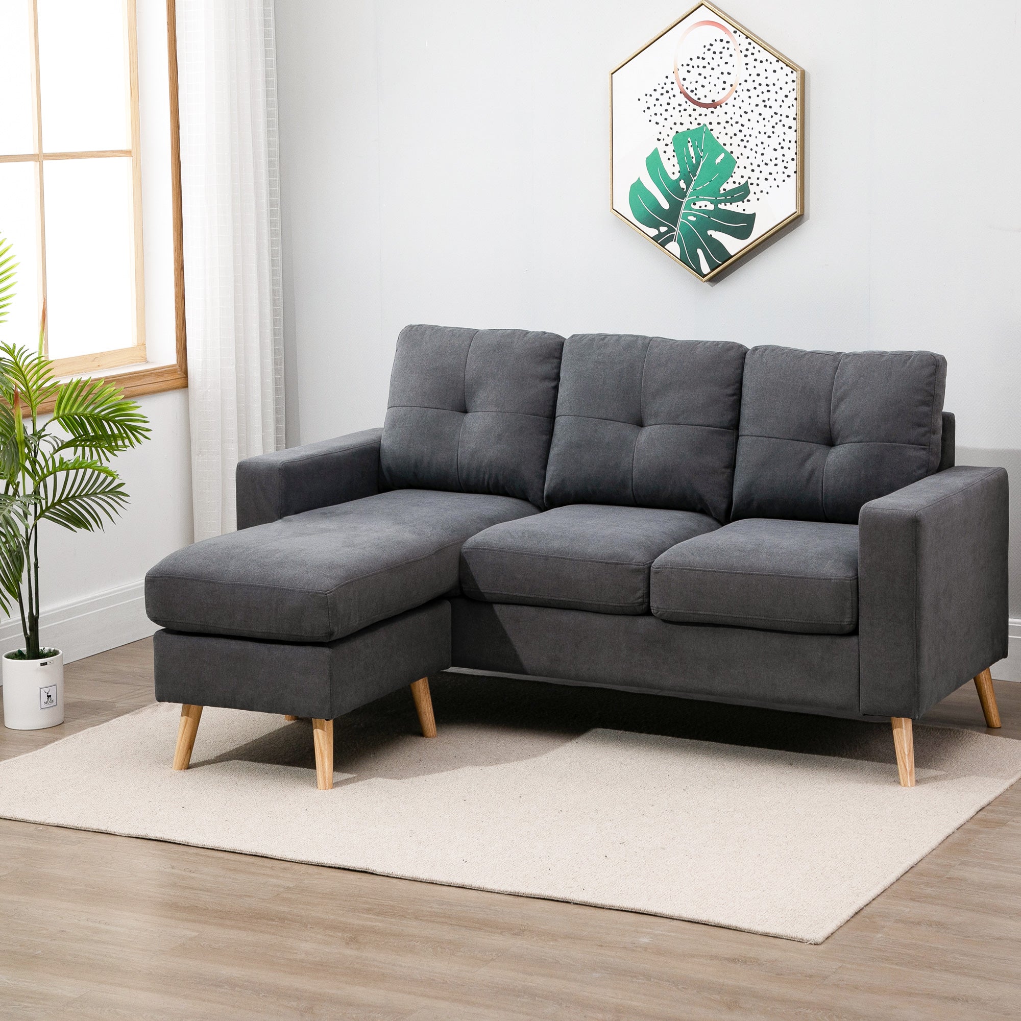 Sectional Sofa Couch, L Shaped Couch with Reversible Chaise, Wooden Legs for Living Room, Bedroom, Dark Grey 3-Seater Sofas   at Gallery Canada