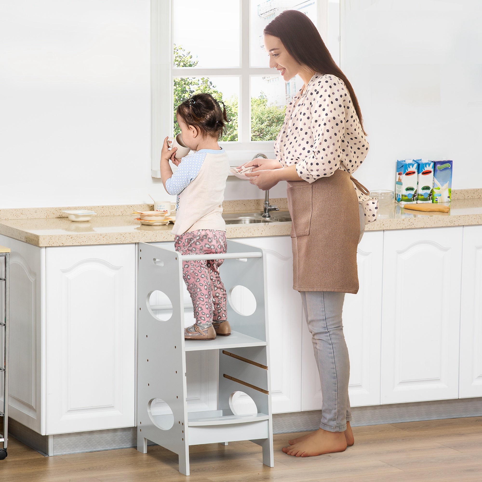 Toddler Tower Kitchen Helper with 3-Level Adjustable Height, Heavy-Duty Kids Step Stool with Safety Rail, Grey Toddler & Kids Step Stools at Gallery Canada