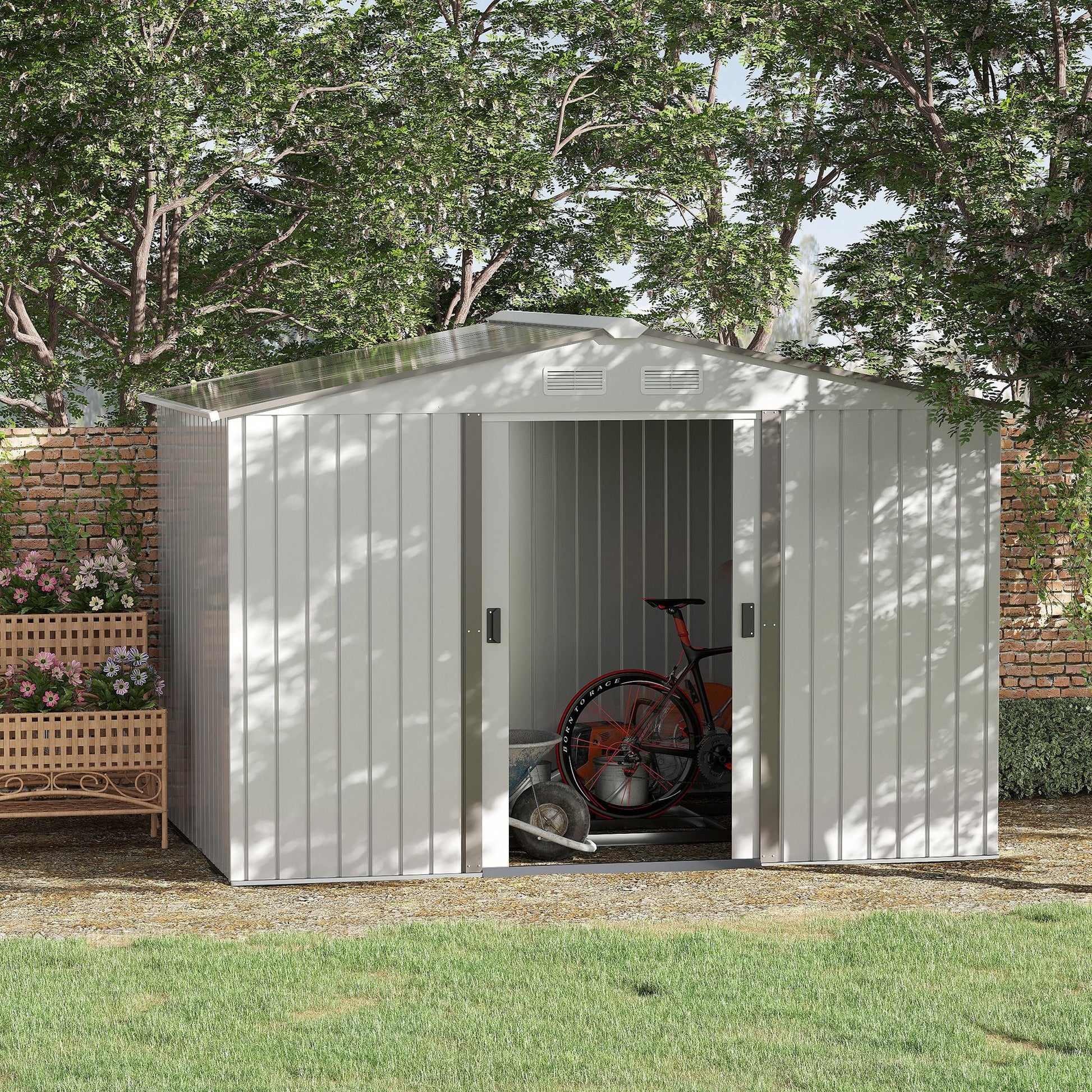 9.1' x 6.4' x 6.3' Garden Storage Shed w/Floor Foundation Outdoor Patio Yard Metal Tool Storage House w/ Double Doors Silver Sheds   at Gallery Canada