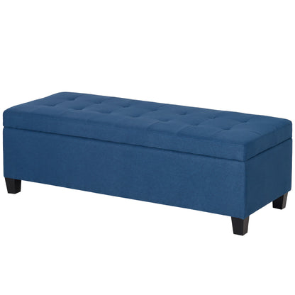 Rectangular Entry Bench, Tufted Upholstered Linen Fabric Wood Feet Storage Ottoman Bench, Blue Storage Ottomans & Benches   at Gallery Canada