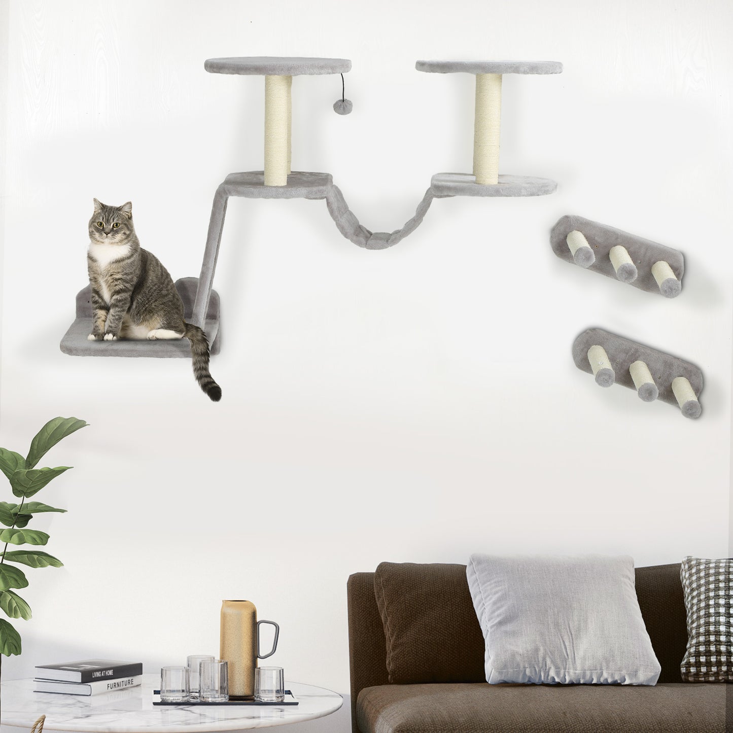 3PCs Cat Wall Shelves w/ Scratching Post, Perches, Steps, Ladder, Light Grey Cat Climbing Wall Multi Colour  at Gallery Canada