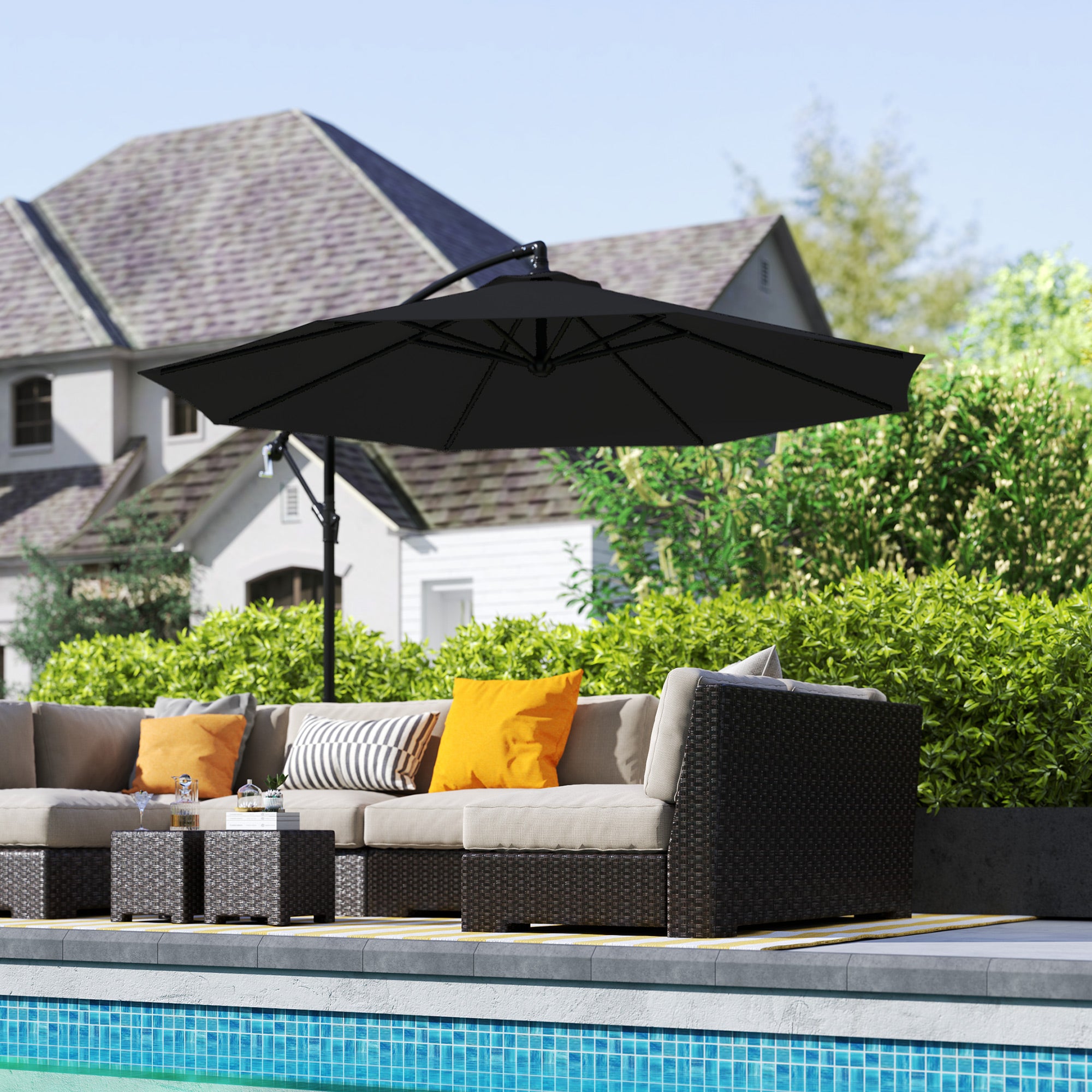 9.7ft Offset Patio Umbrella Garden Hanging Parasol Banana Cantilever Umbrella with Base, Crank, Black Offset Cantilever Umbrellas at Gallery Canada